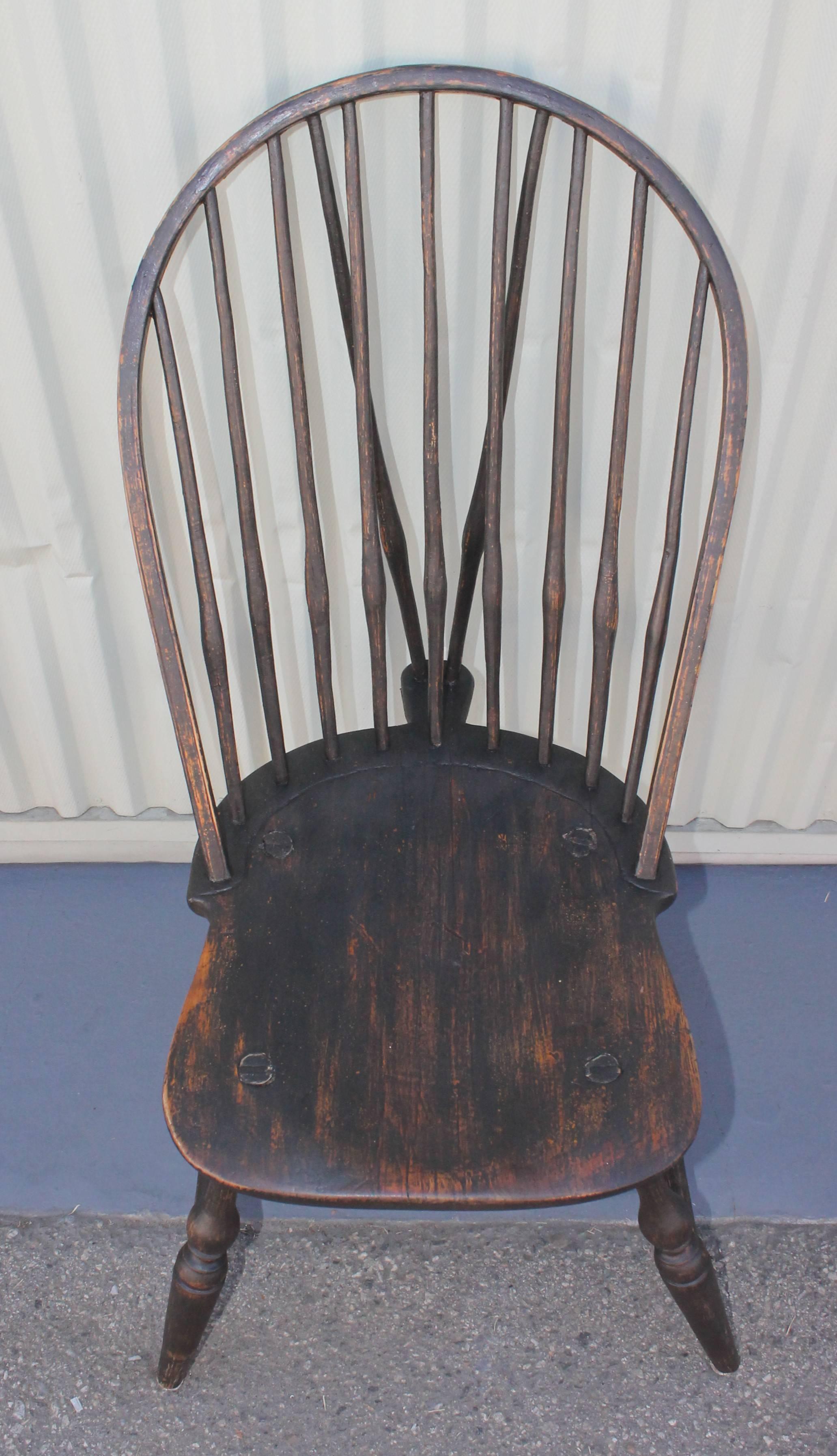 Patinated 18th Century Set of Four Brace Back, New England, Windsor Chairs