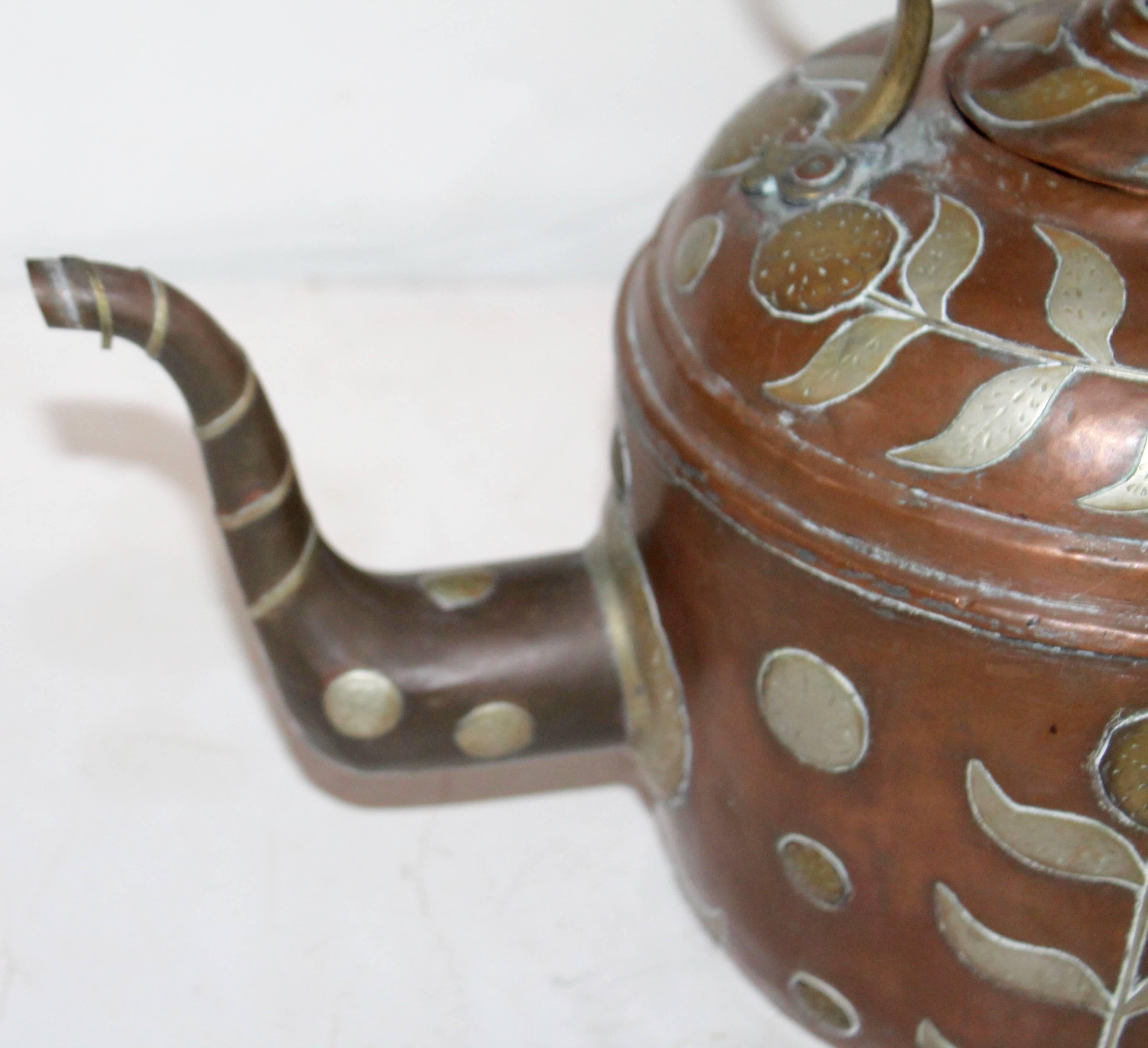 Mexican Early 19th Century Spanish Decorated Copper Gooseneck Kettle Pot