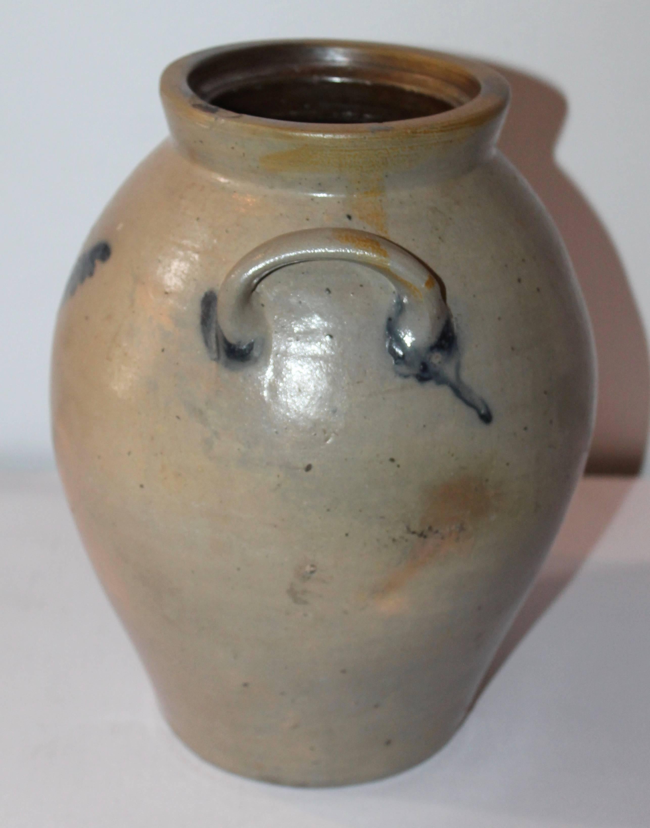 19th century blue salt glaze jar with blue decoration on face and handles. This amazing early folky pot is great addition to any Folk Art or Americana collection. The condition is very good. The piece was purchased without the lid.
