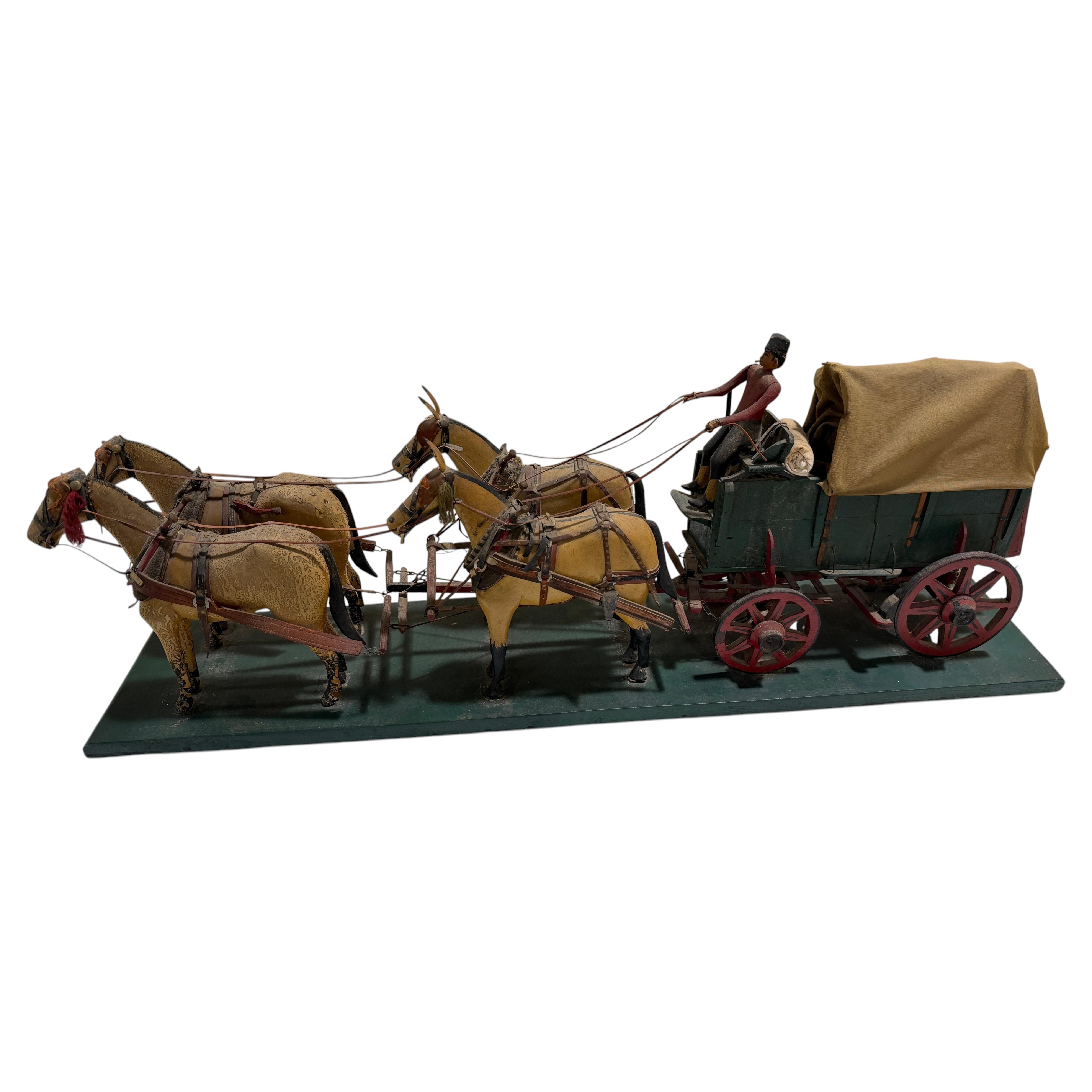 19thc Folky Covered Wagon With Four Horses
