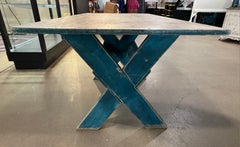 19thc Scrub Top Blue Painted Trestle Table