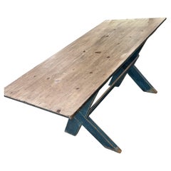 19thc Scrub Top Blue Painted Trestle Table