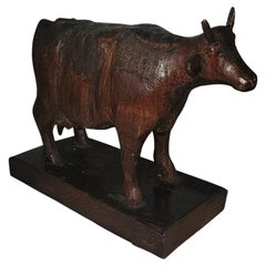 Signed M.O. Thomas Carved Wooden Cow