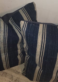 19thc Striped Linen Ticking Pillows -Pair