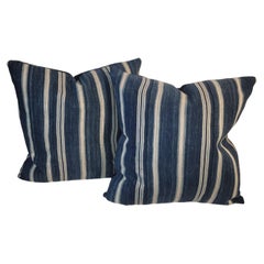 19Thc Blue and White Striped Linen Pillows -Pair