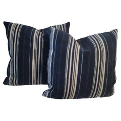 19Thc Blue & White Striped Linen Pillows -Pair