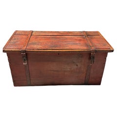 Early 19thc Original Painted Wood Trunk W/hand Forged Iron Hardware