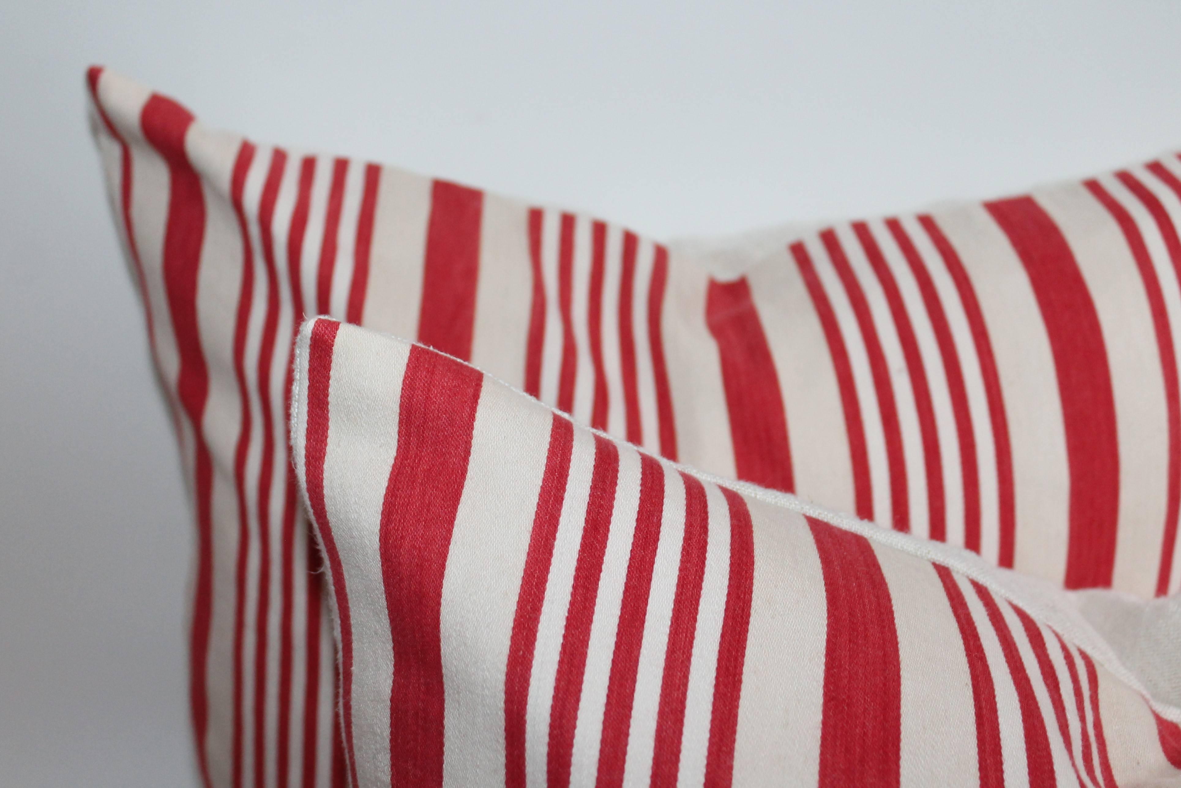 19th Century Red Ticking Pillows, Pair In Excellent Condition In Los Angeles, CA