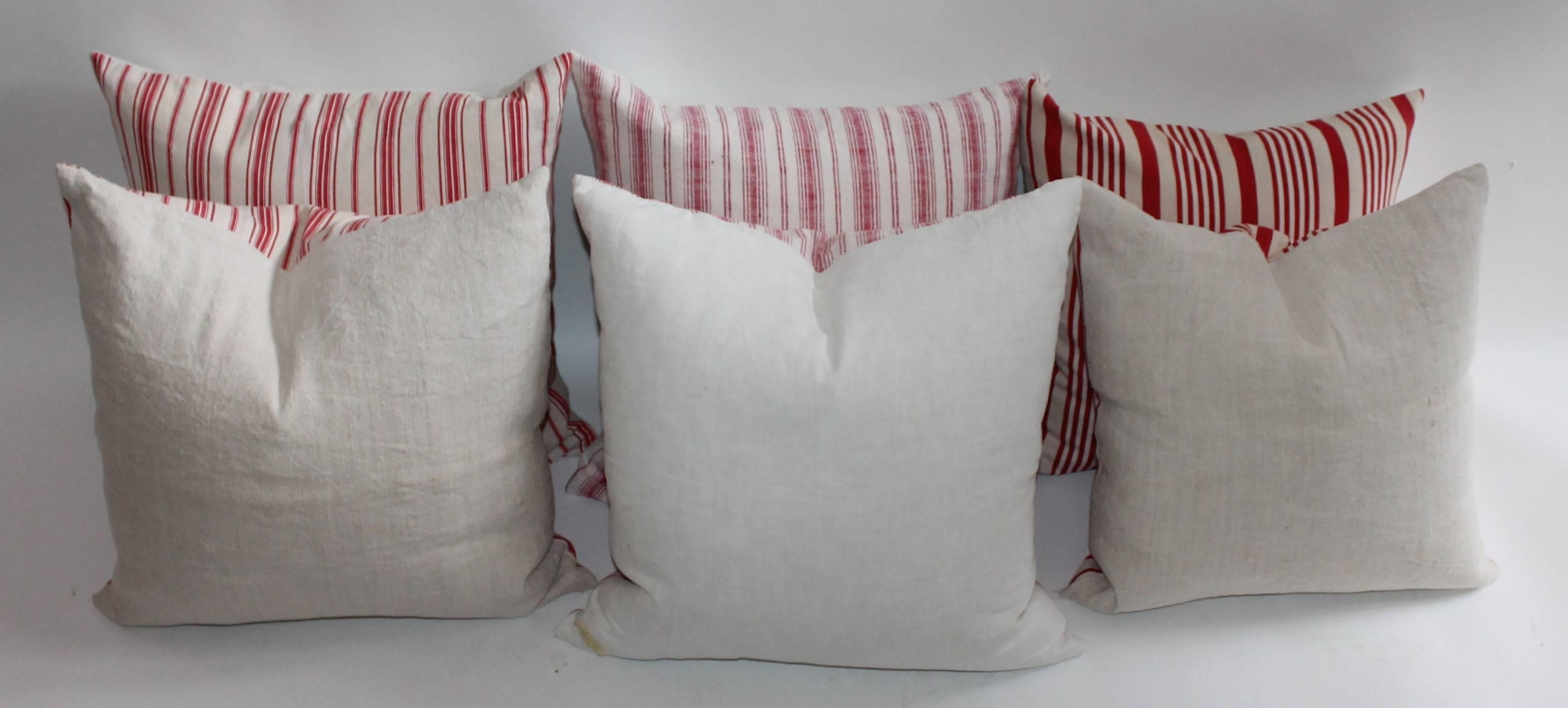 19th Century Red Ticking Pillows, Pair 1