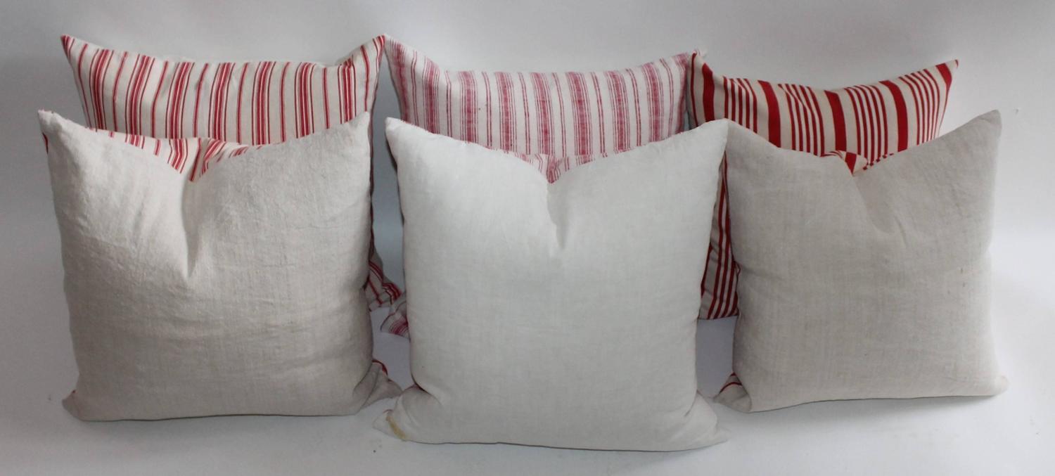 19th Century Red Ticking Pillows, Pair For Sale at 1stdibs