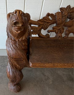 Early 20thc Hand Carved Black Forest Bear Settee With Ornate Back Rest