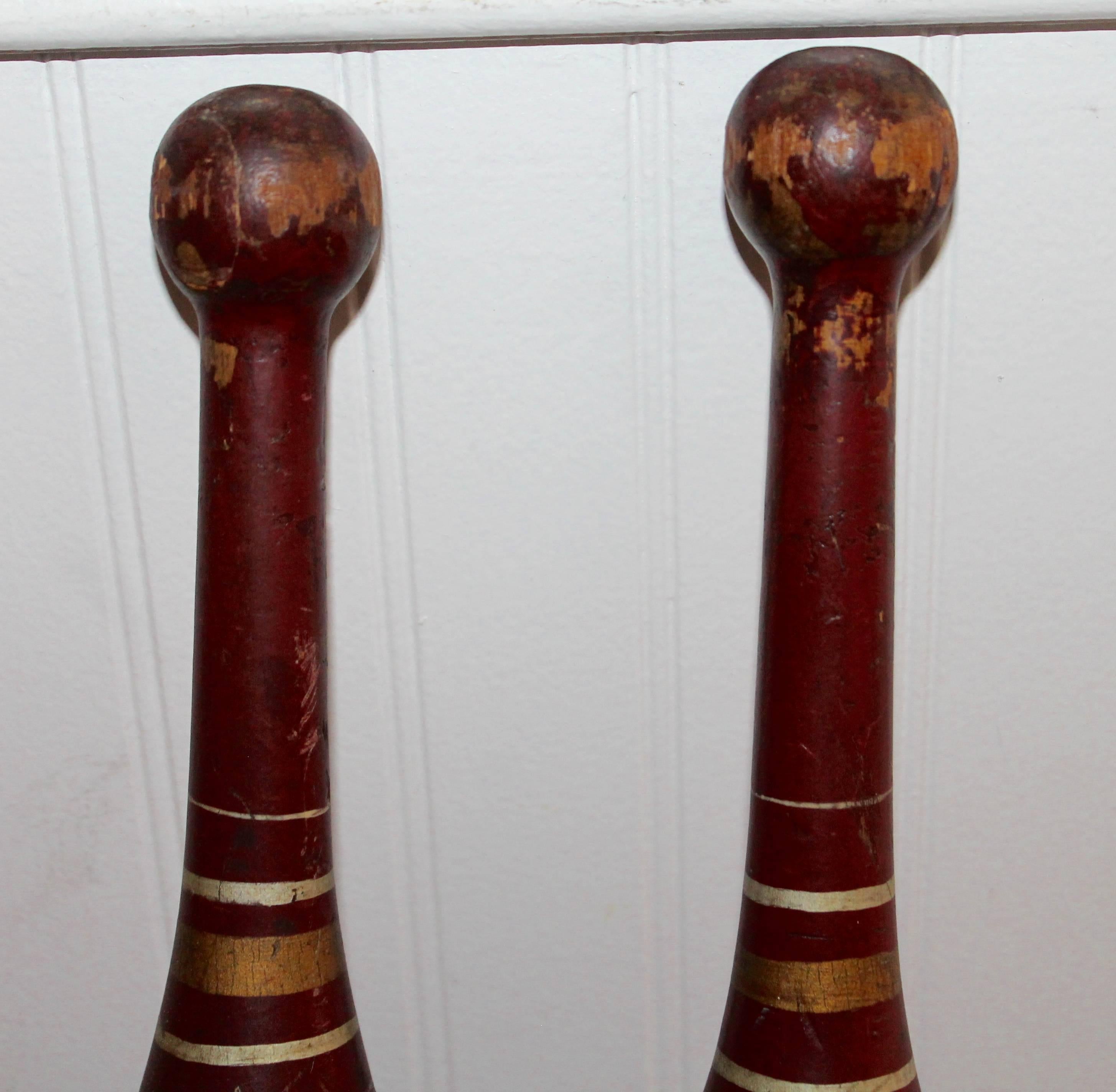 Pair of 19th Century Original Polychrome Paint Decorated Juggling Pins 1