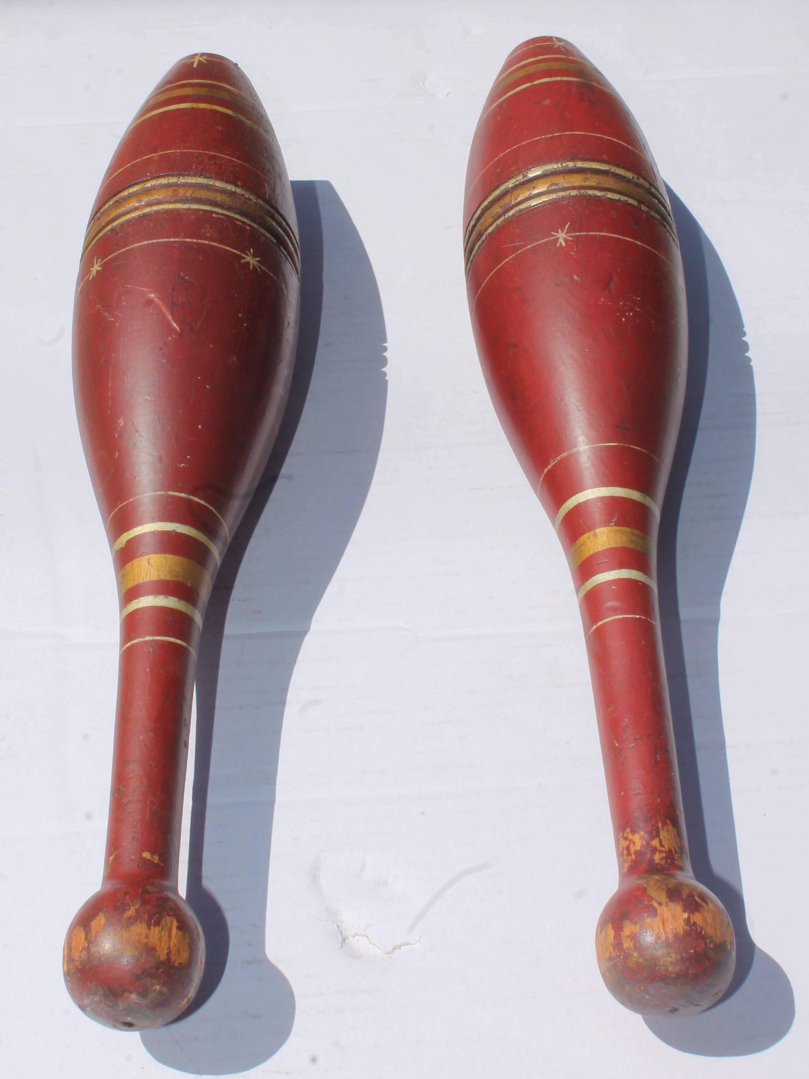 Pine Pair of 19th Century Original Polychrome Paint Decorated Juggling Pins