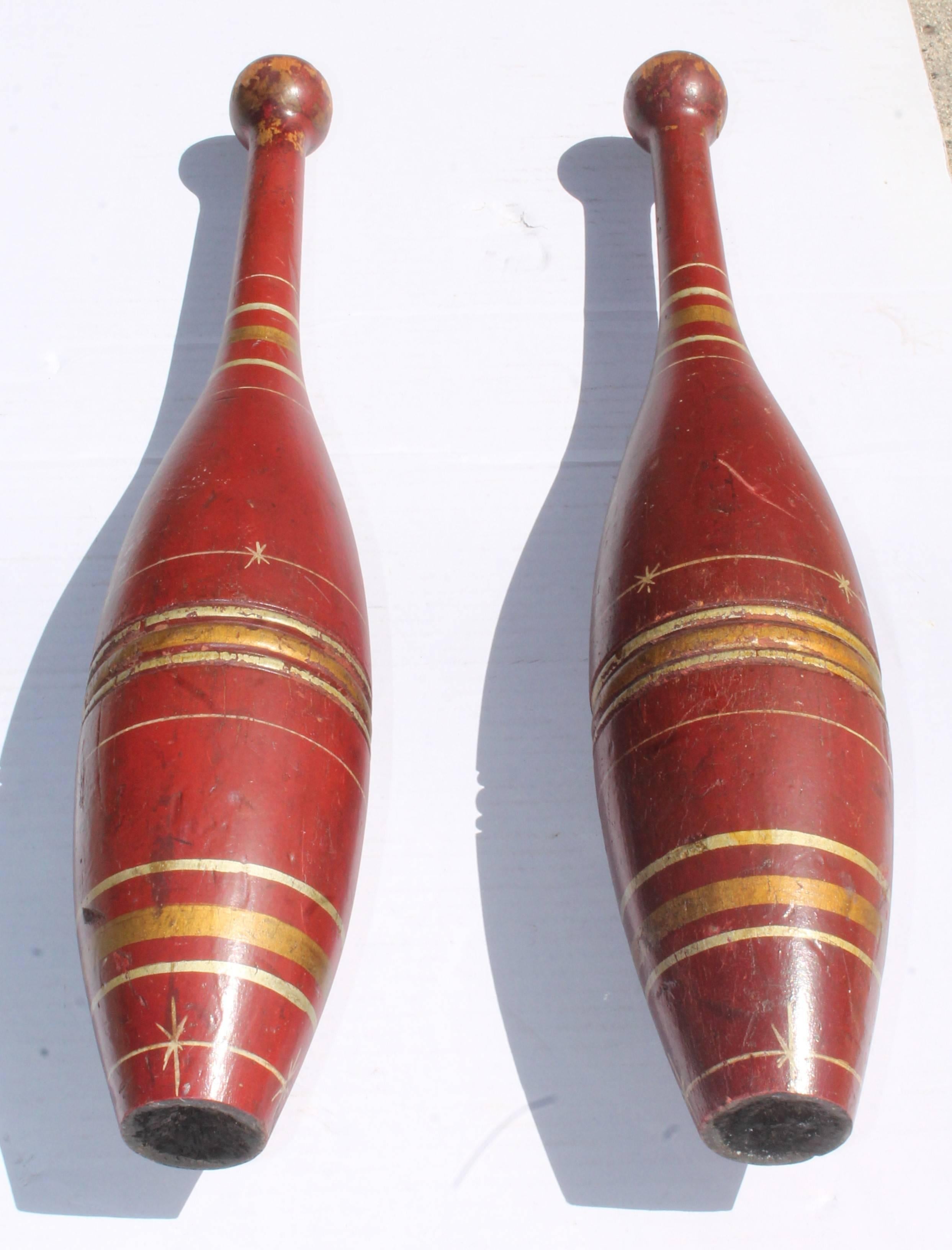 American Pair of 19th Century Original Polychrome Paint Decorated Juggling Pins