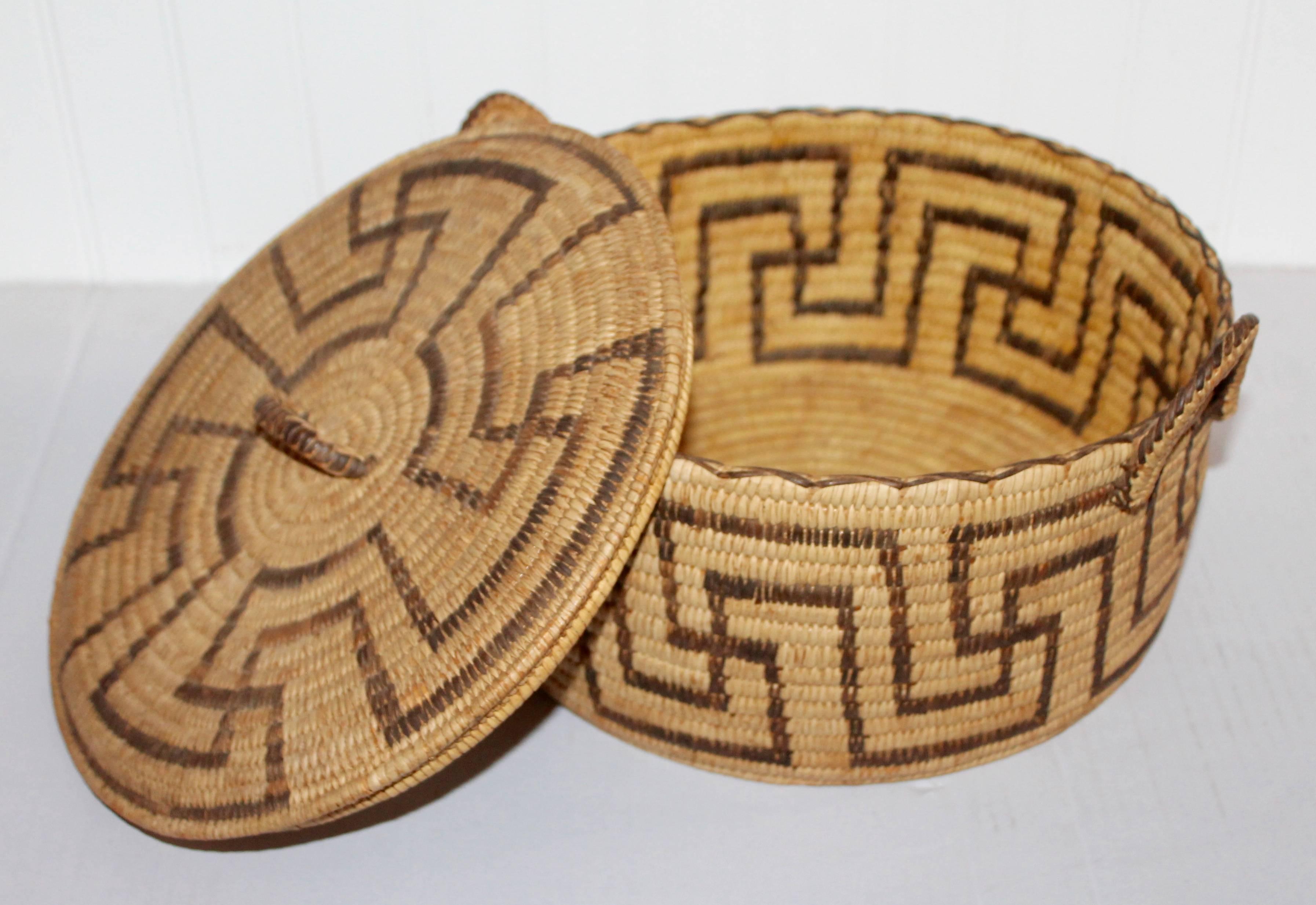 Native American Amazing Lided Papago Basket with Handles
