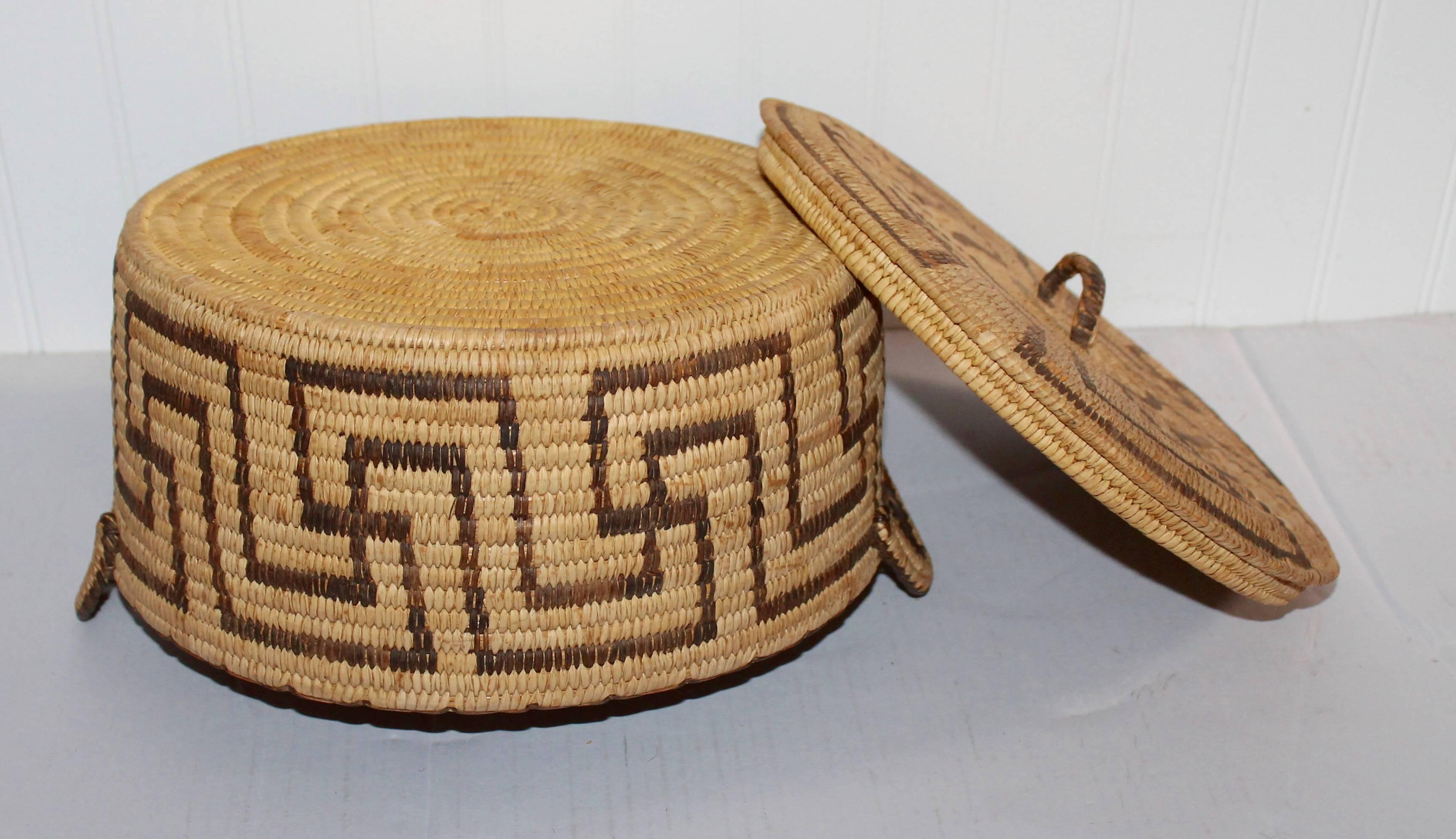 Hand-Woven Amazing Lided Papago Basket with Handles