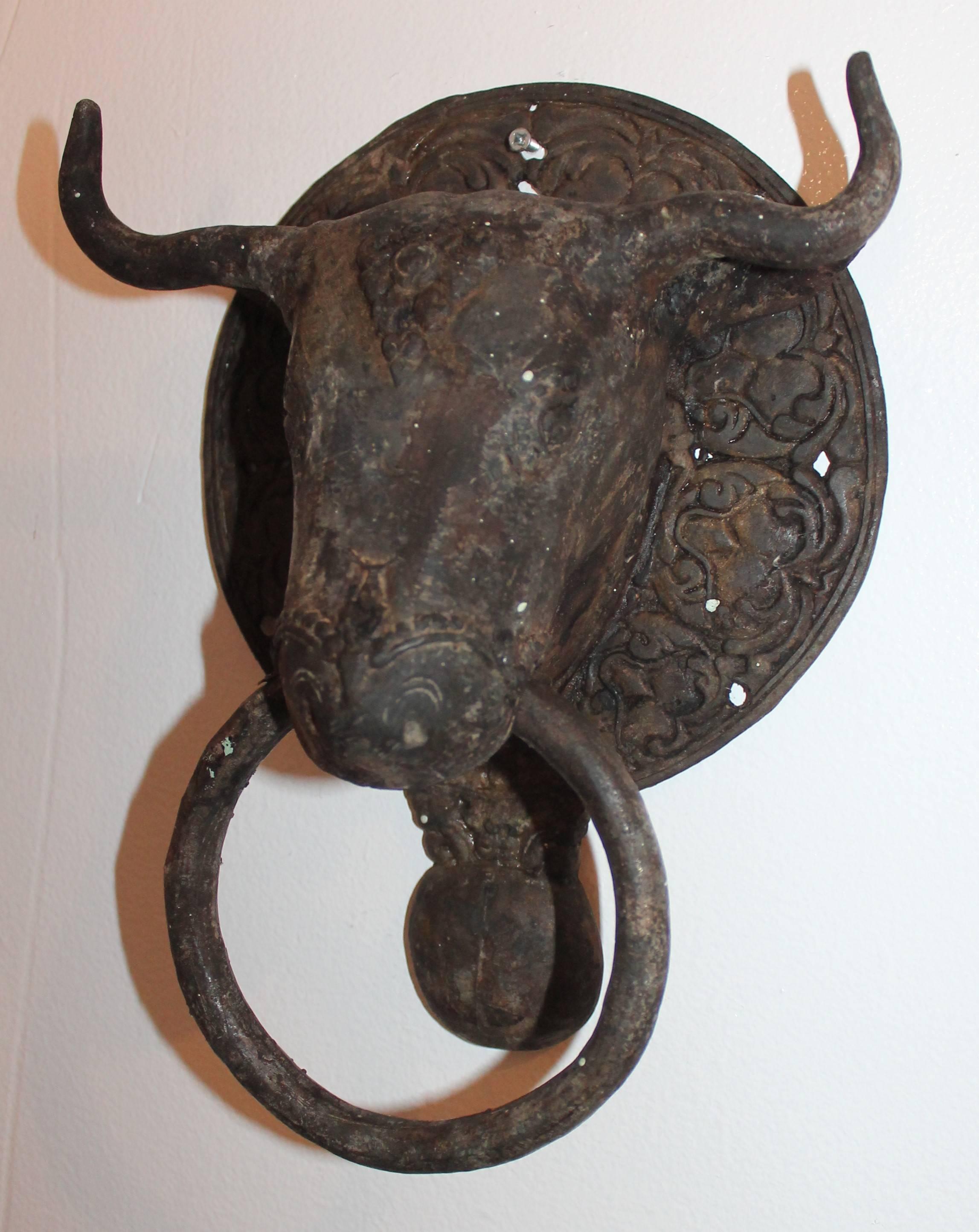 Hand-Crafted 19th Century Spanish Iron Bull Door Knocker