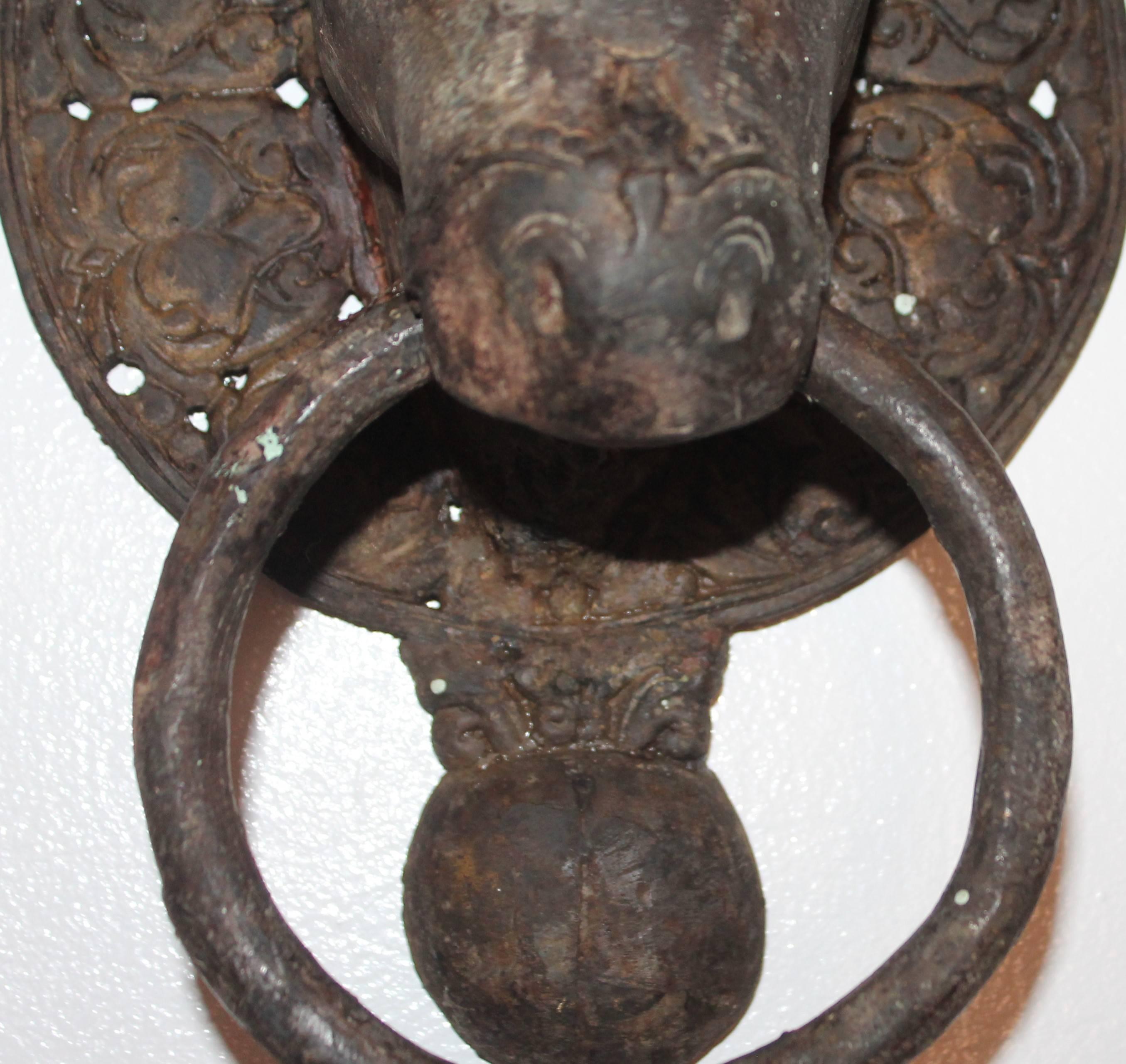 19th Century Spanish Iron Bull Door Knocker In Excellent Condition In Los Angeles, CA