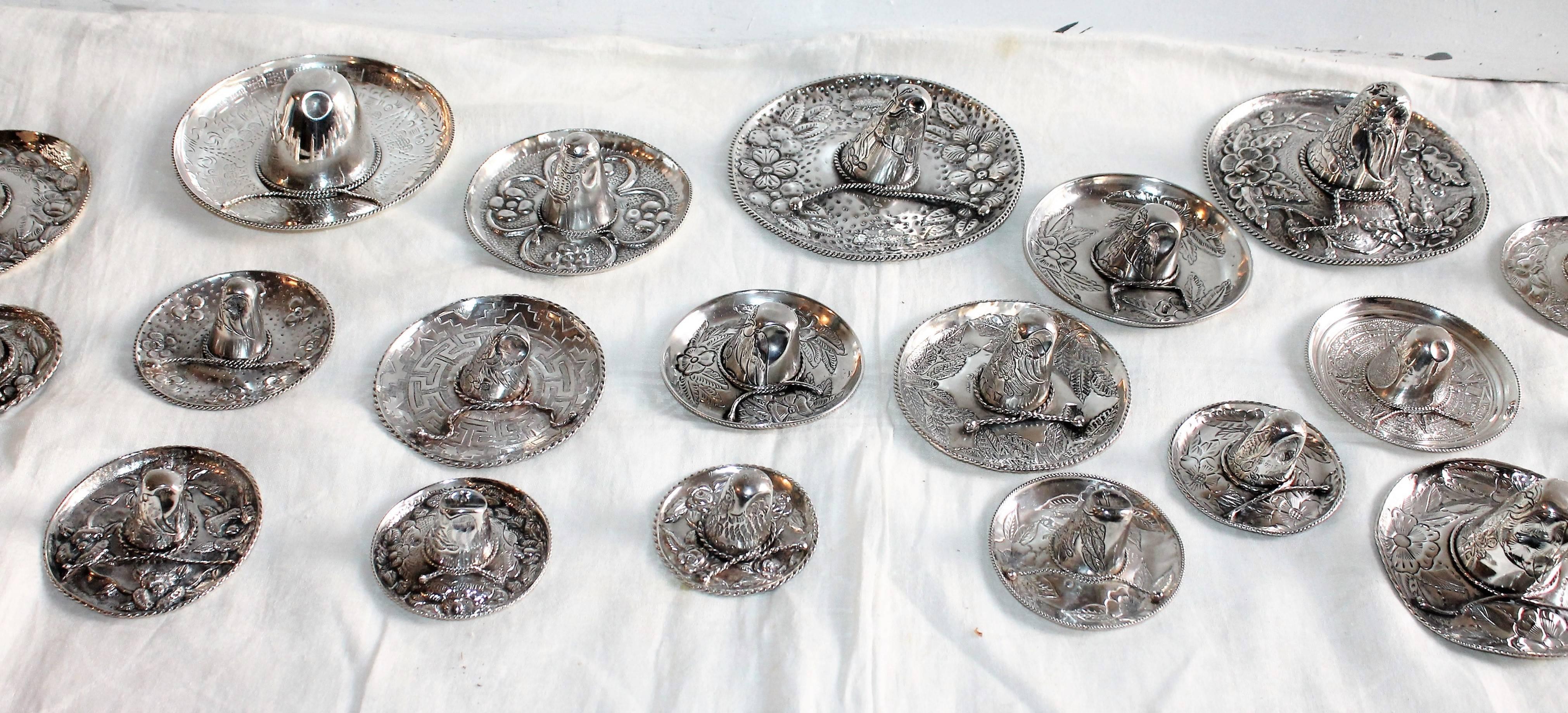 Hand-Crafted Set of 27 Decorative Mexican Sterling Silver Sombreros