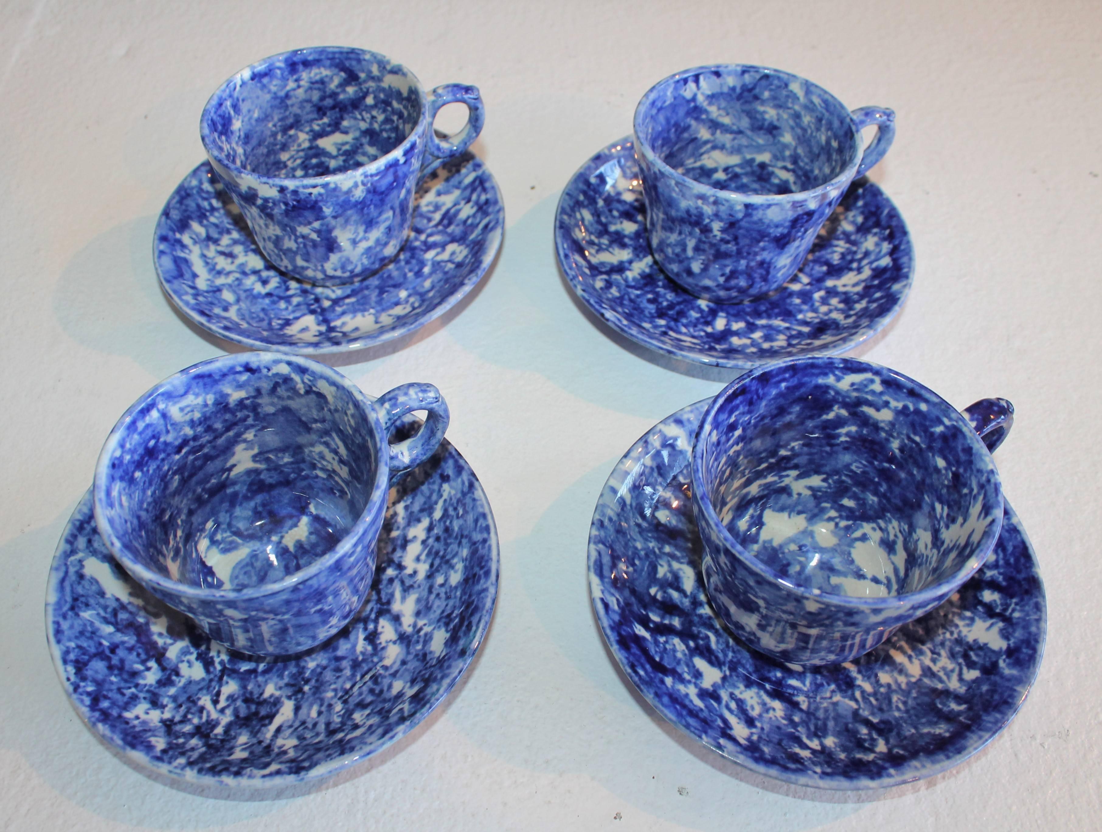 This 19th century matching set of cups and saucers are in pristine condition. This rare set show little wear. This is an amazing blue sponge ware set that was found in Pennsylvania.

Each cup measures- 
3.5