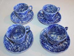 19th Century Set of Four Matching Sponge Ware Cups and Saucers