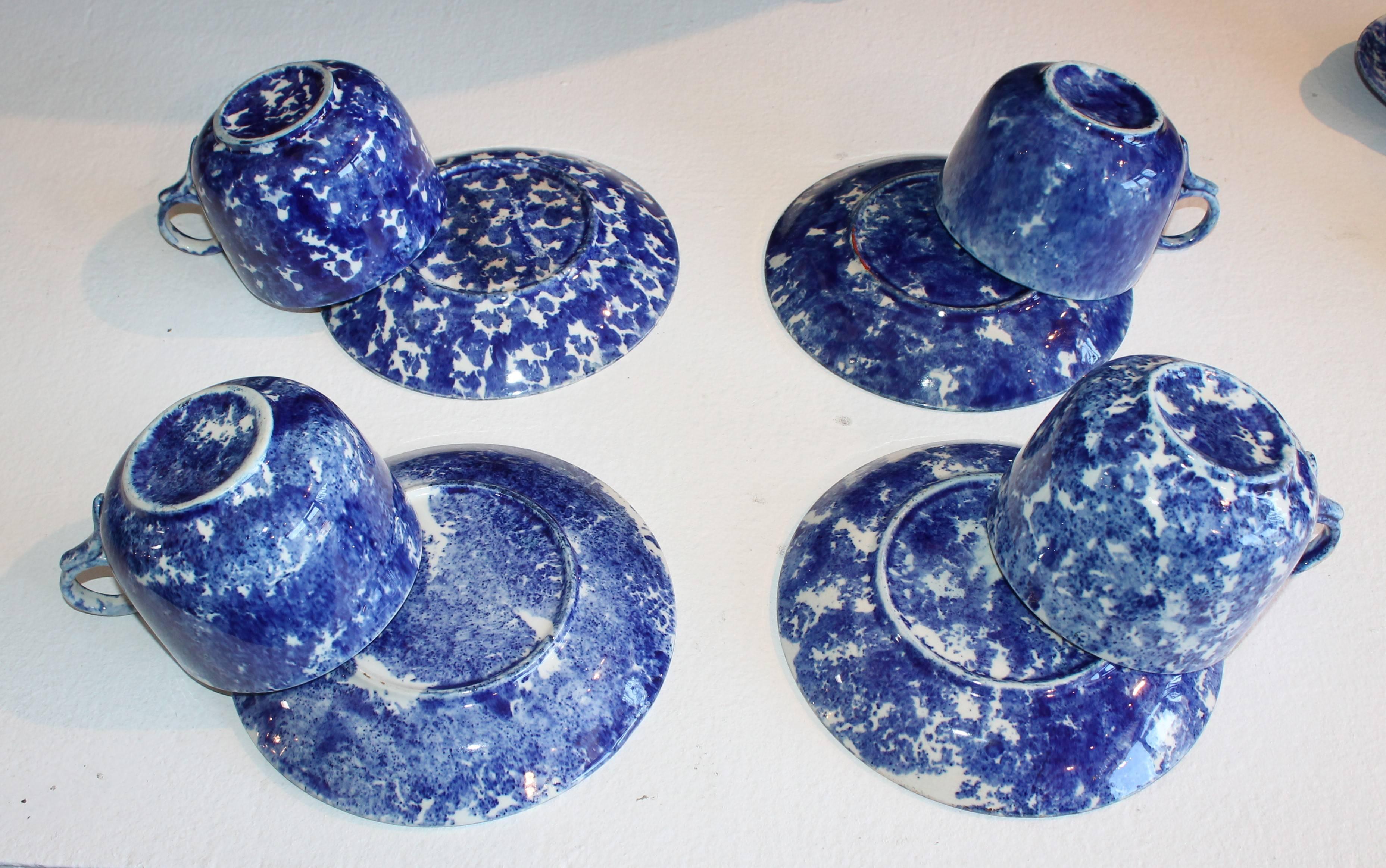 American Collection of Four Monumental 19th Century Sponge Ware Mush Cups and Saucers For Sale
