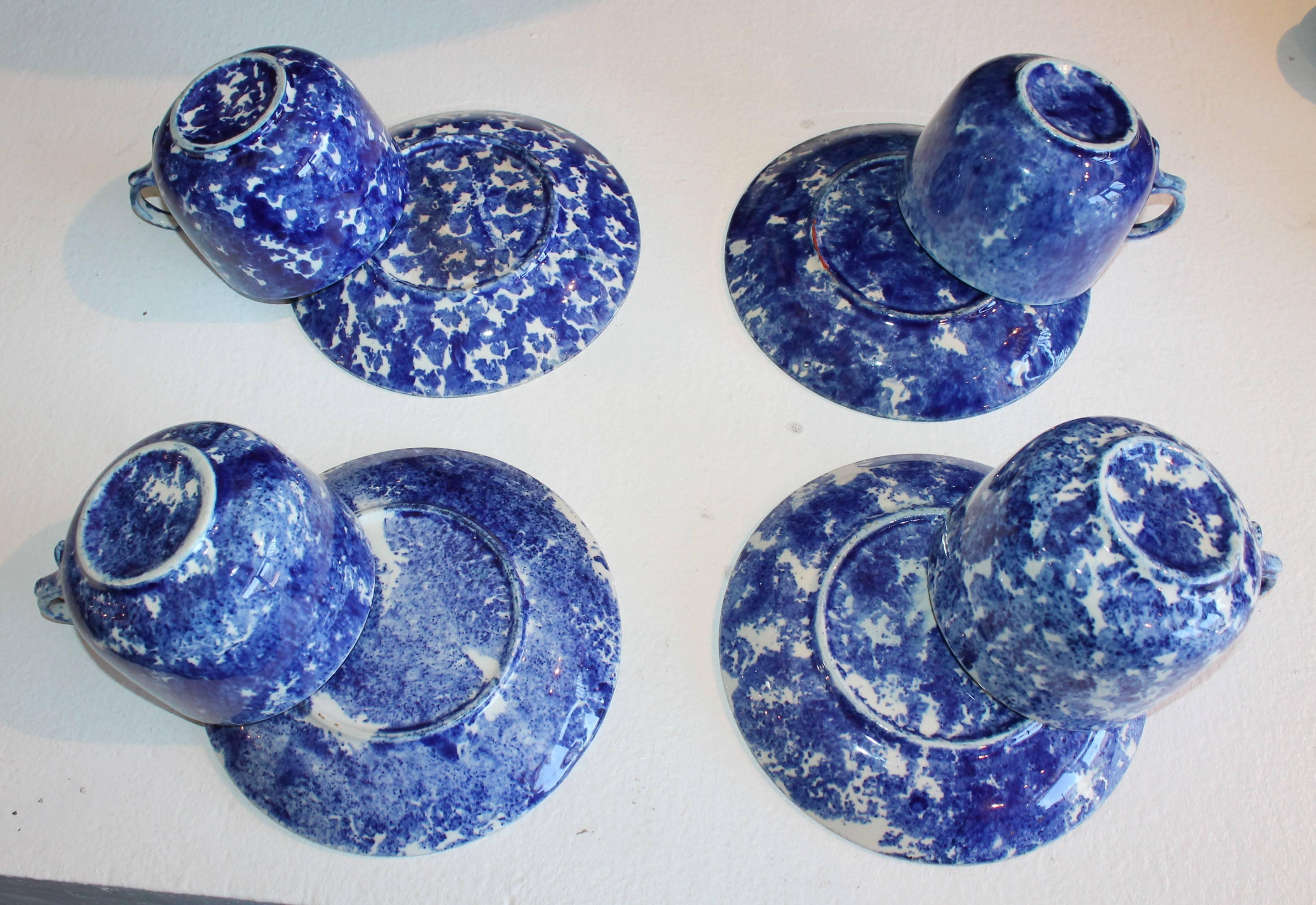 Glazed Collection of Four Monumental 19th Century Sponge Ware Mush Cups and Saucers For Sale