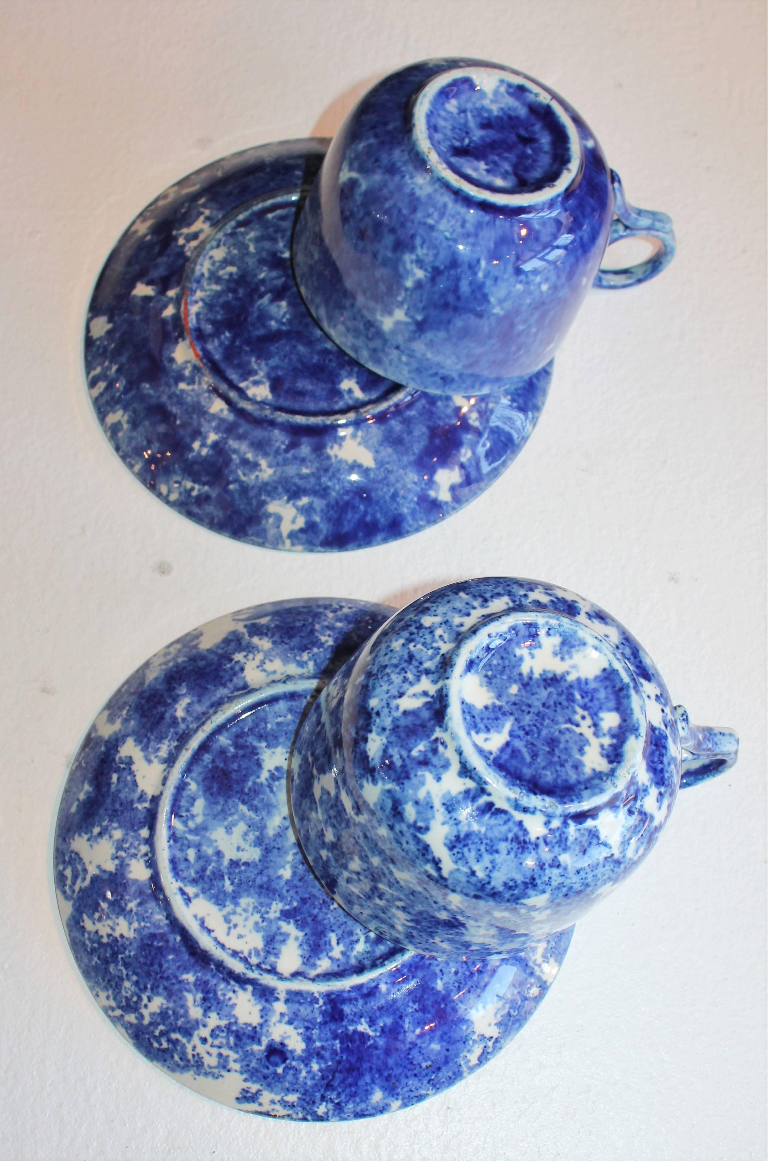 Pottery Collection of Four Monumental 19th Century Sponge Ware Mush Cups and Saucers For Sale