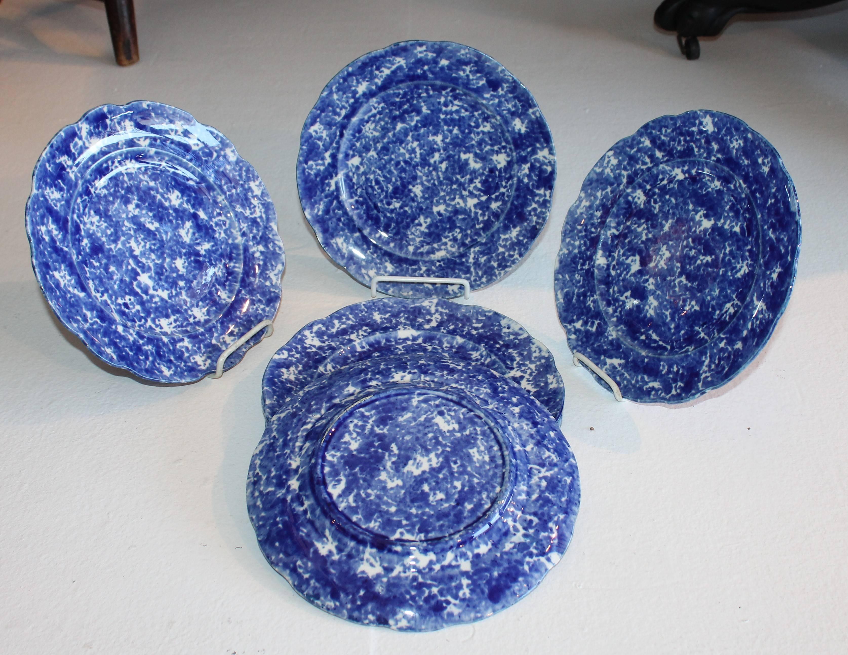 This is a collectors dream! Six matching blue and white matching sponge ware pottery dinner plates. They are all in pristine condition.