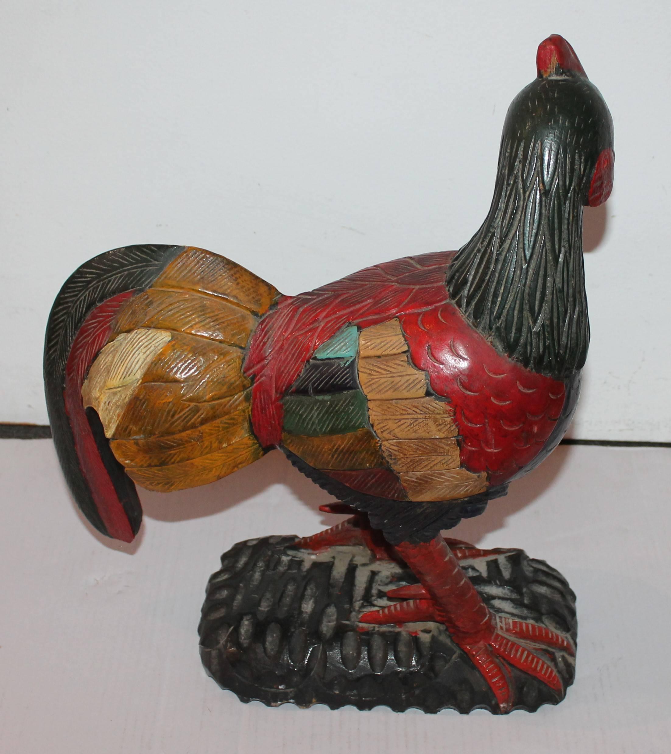 20th Century Monumental Folky Hand-Carved and Painted Wood Roster