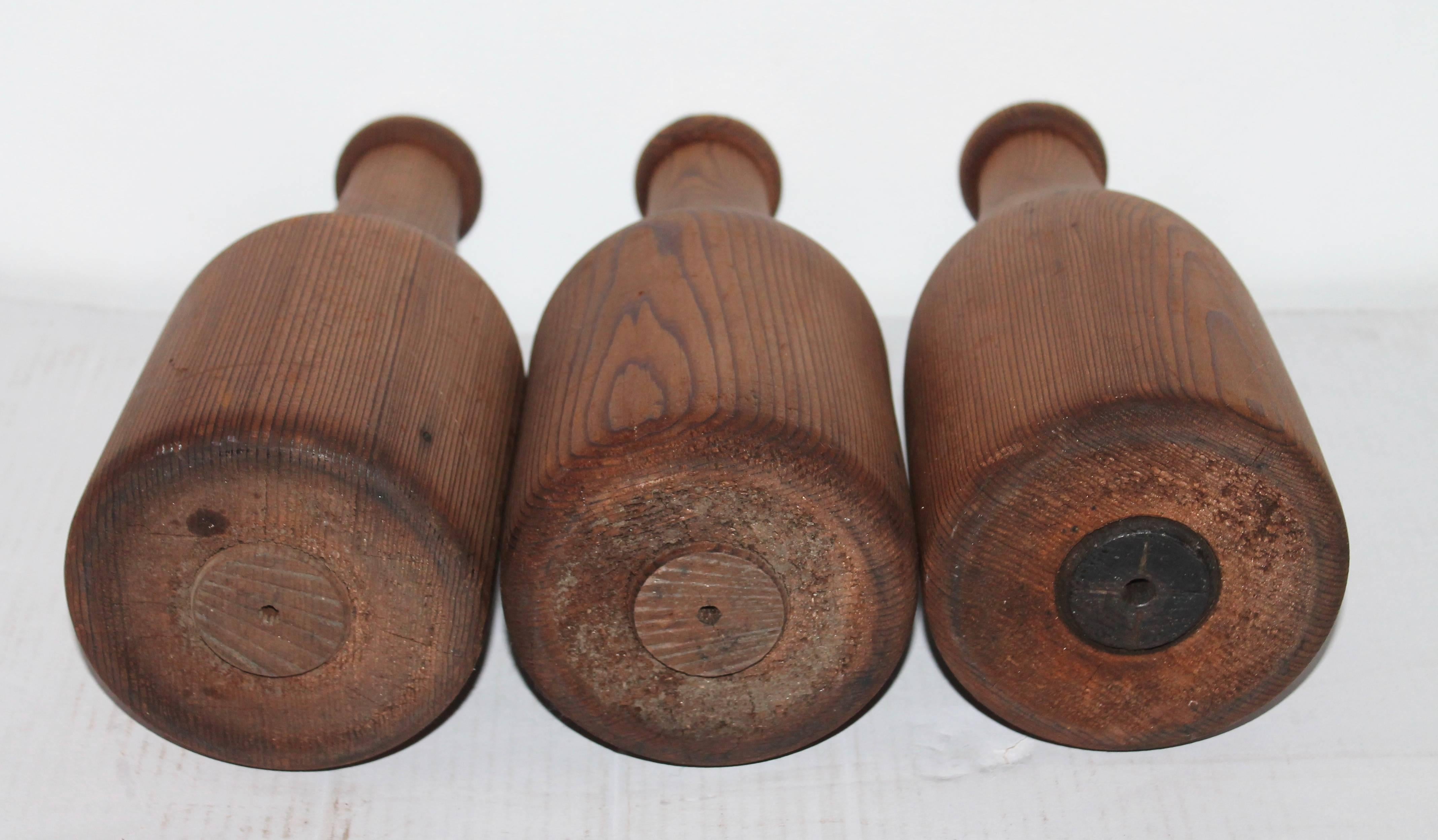 Carved Group of Three Folky Wood Carnival Milk Bottles For Sale