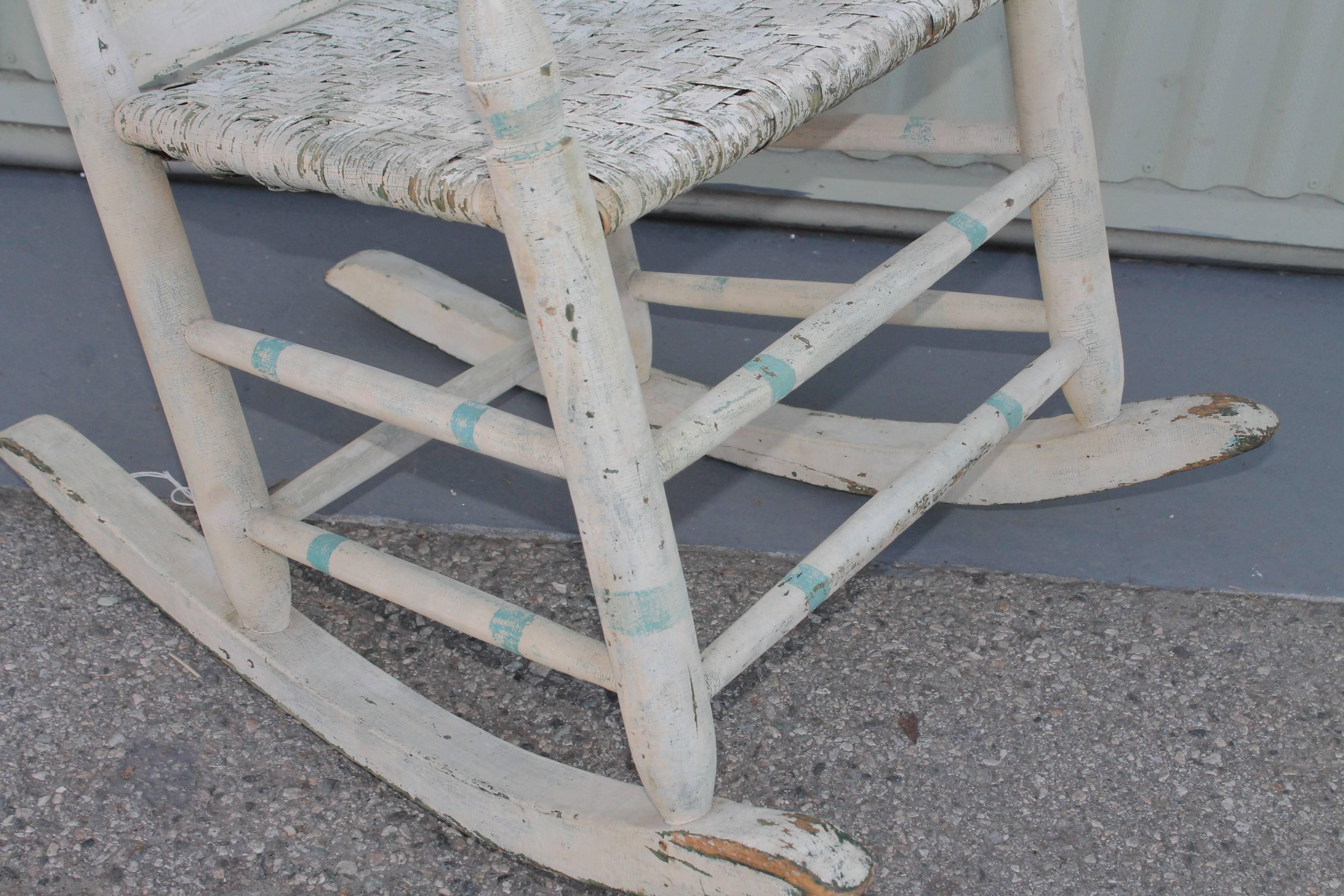 19th Century Original Blue and White Painted Rocking Chair In Distressed Condition In Los Angeles, CA