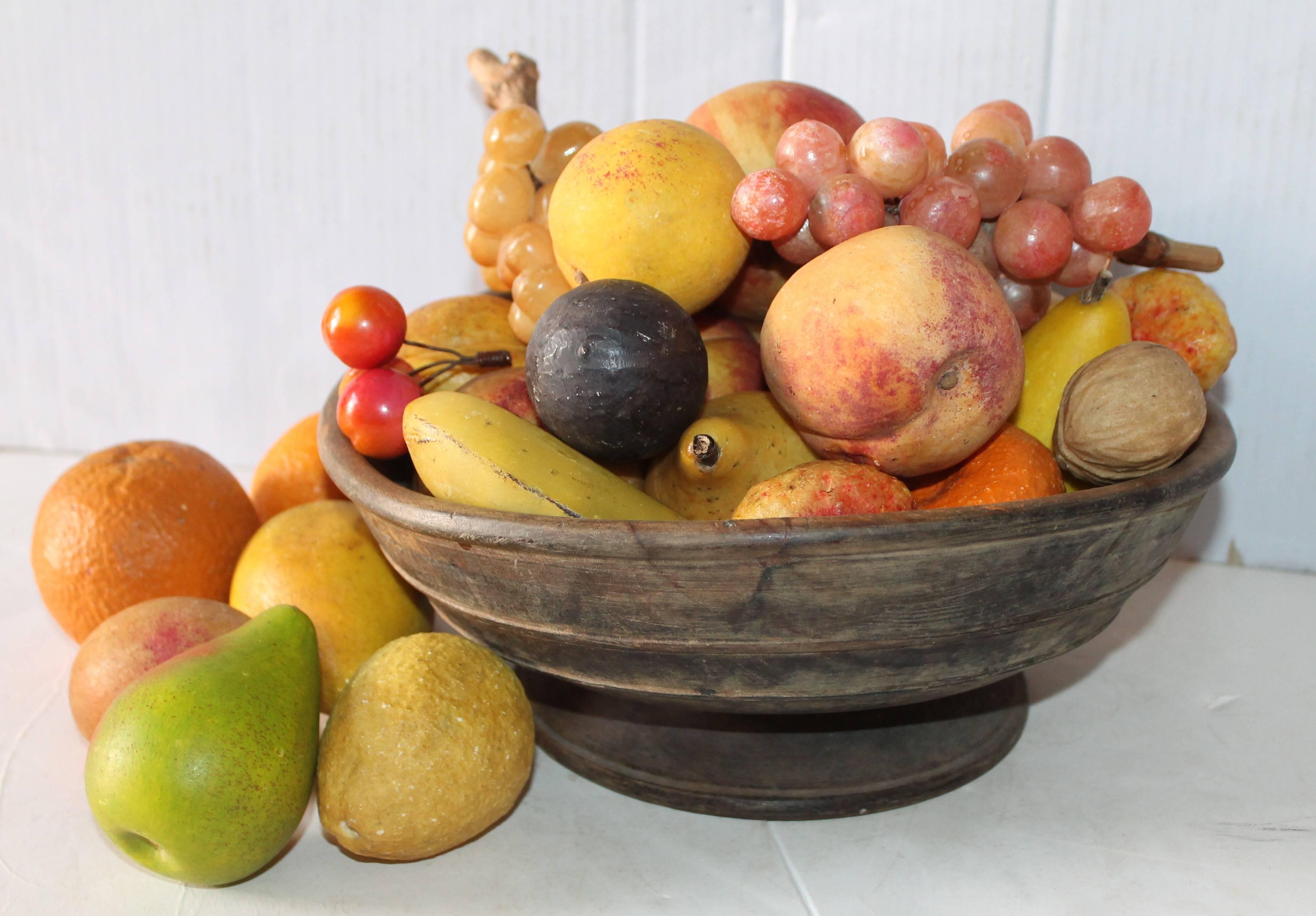 Country 18th Century Treen Bowl Filled with Collection of 30-Piece of Stone Fruit