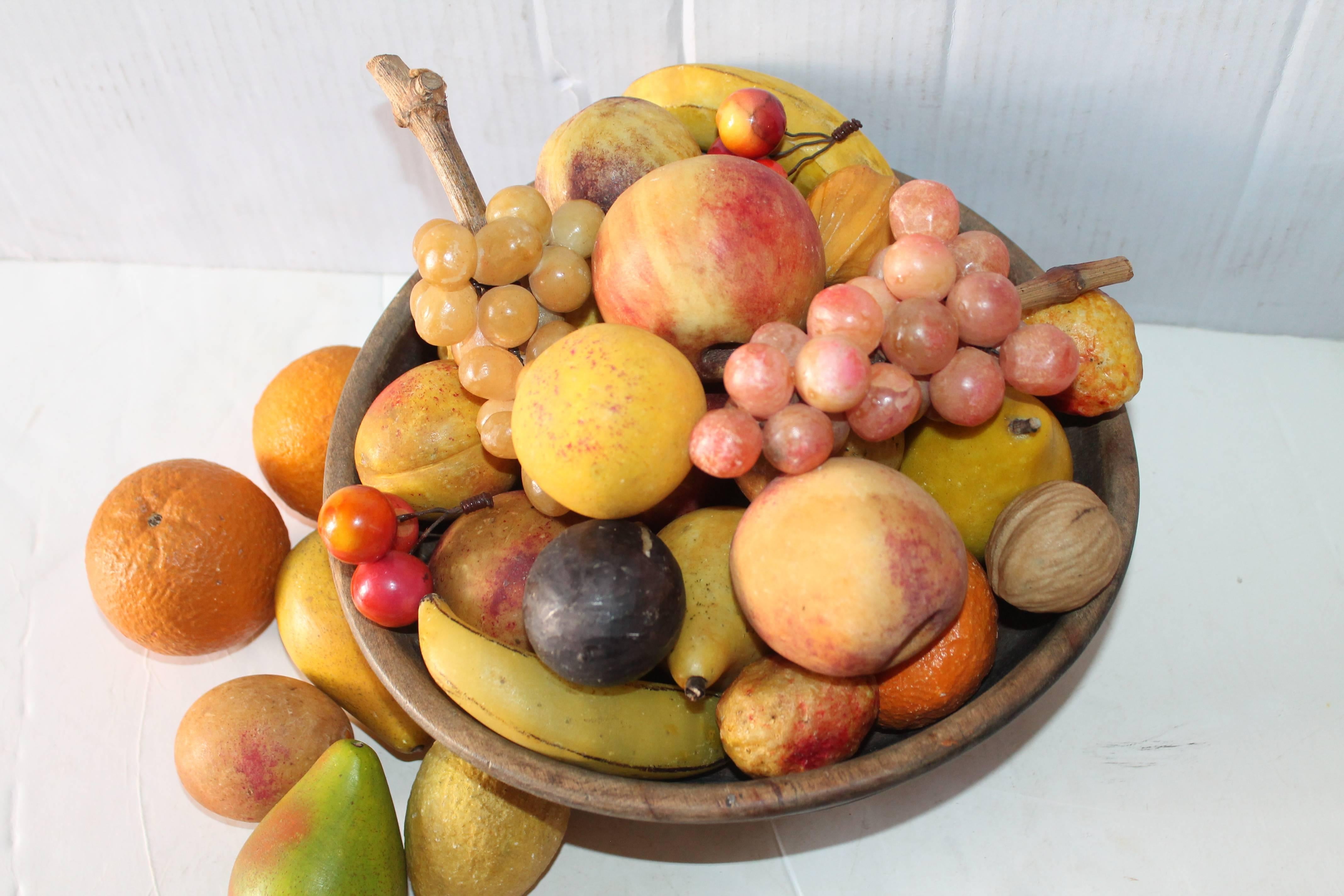 American 18th Century Treen Bowl Filled with Collection of 30-Piece of Stone Fruit