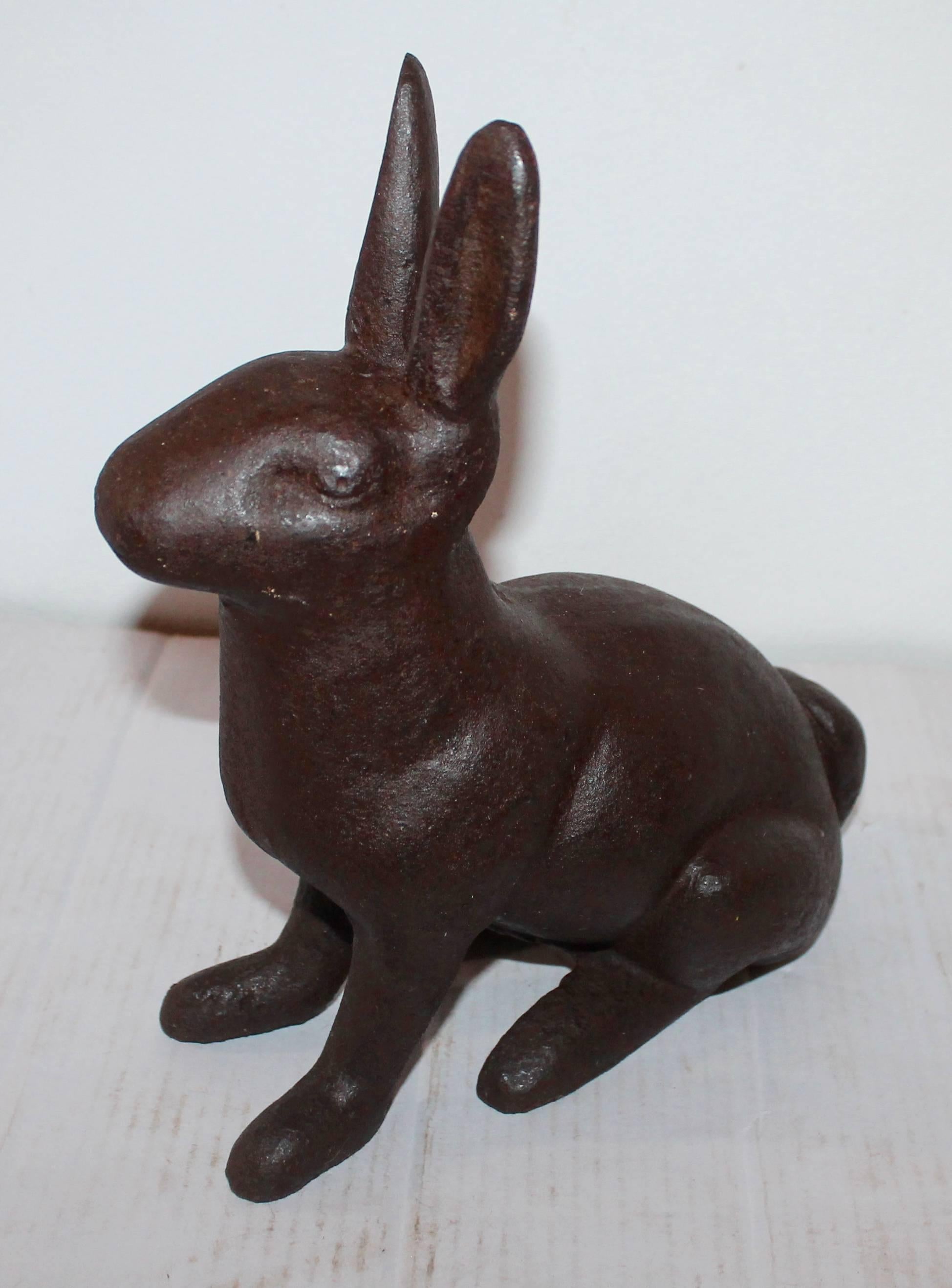 This cast iron bunny was on someones front porch steps! She is in very good condition and has a mellow aged patinead surface.