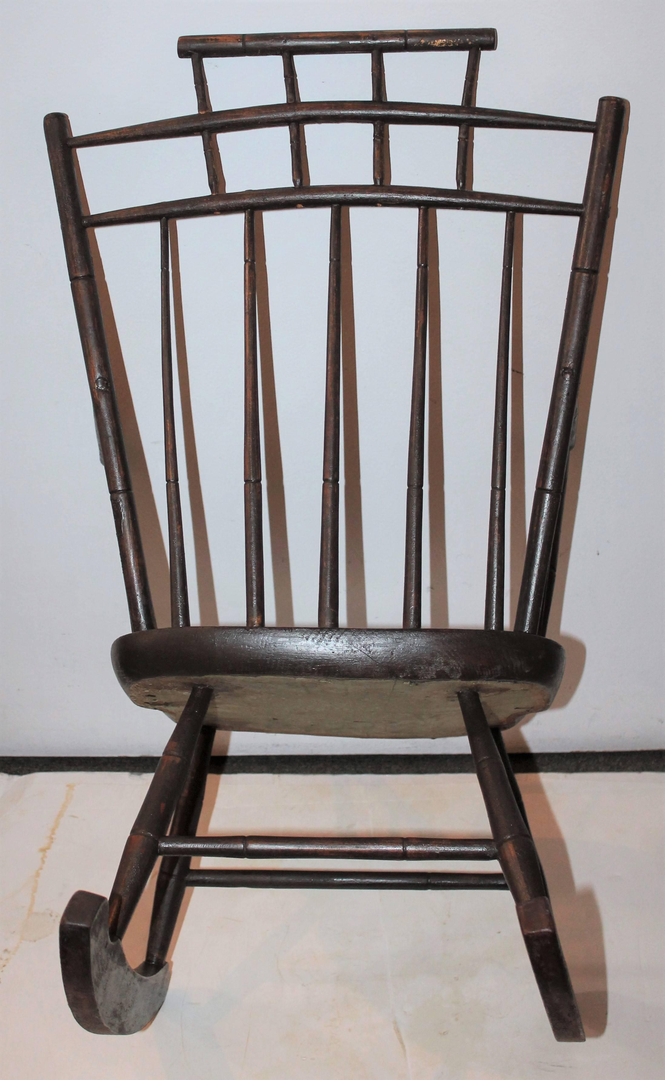 Hand-Crafted 19th Century Brown Painted Windsor Rocking Chair For Sale