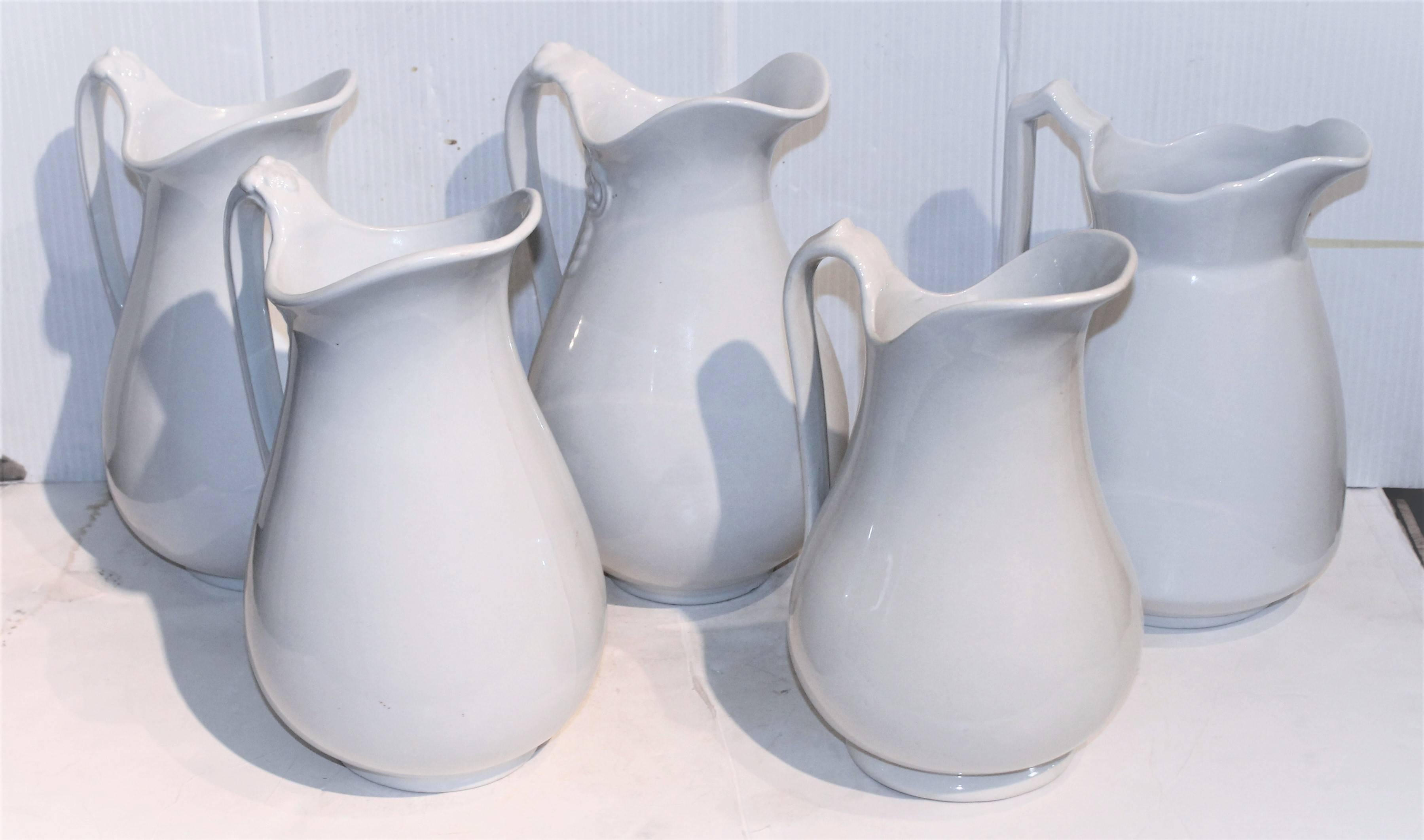 English Set of Five 19th Century Assorted Iron Stone Water Pitchers