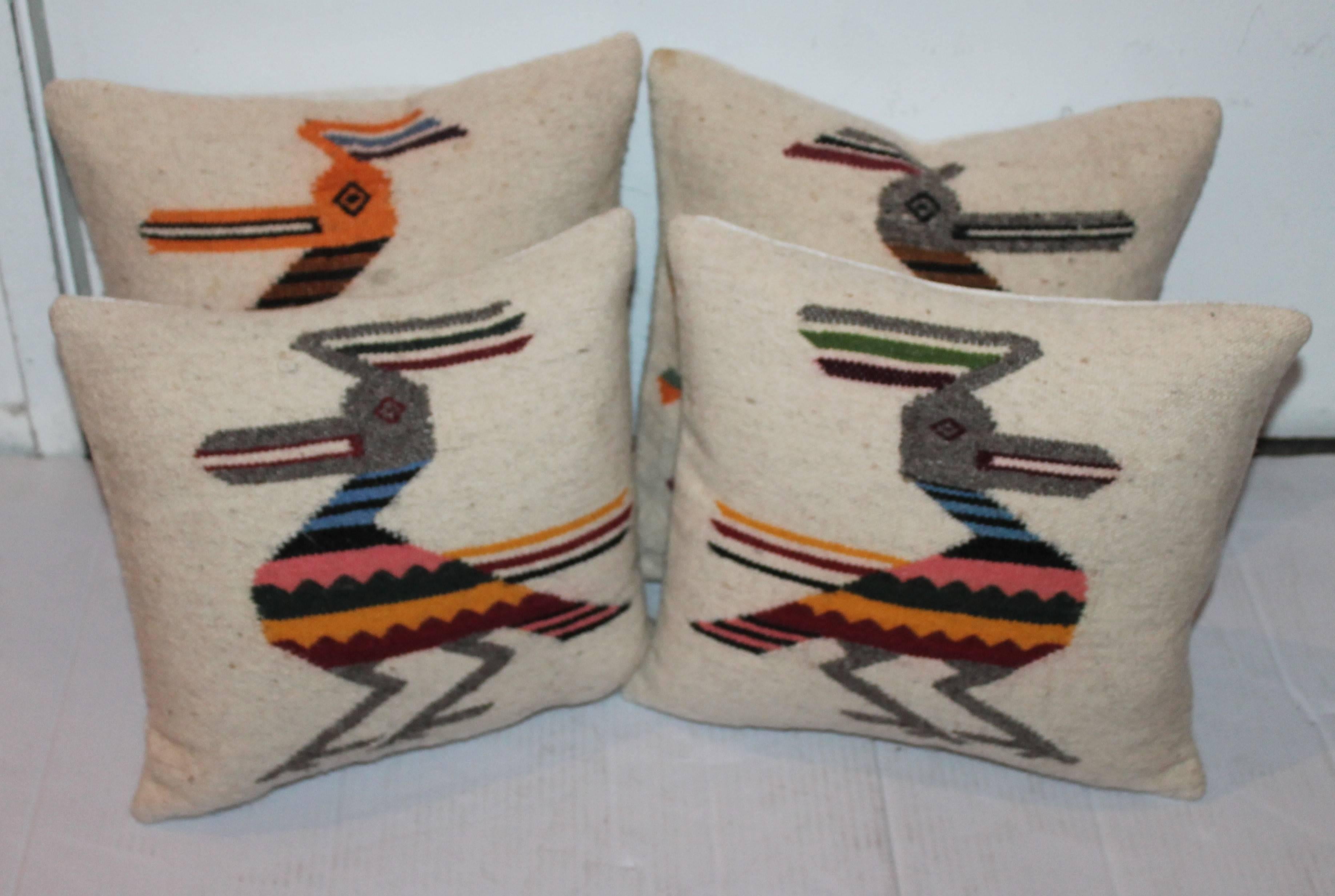 Hand-Woven Folky Collection of Four Road Runner Mexican  Indian Weaving Pillows