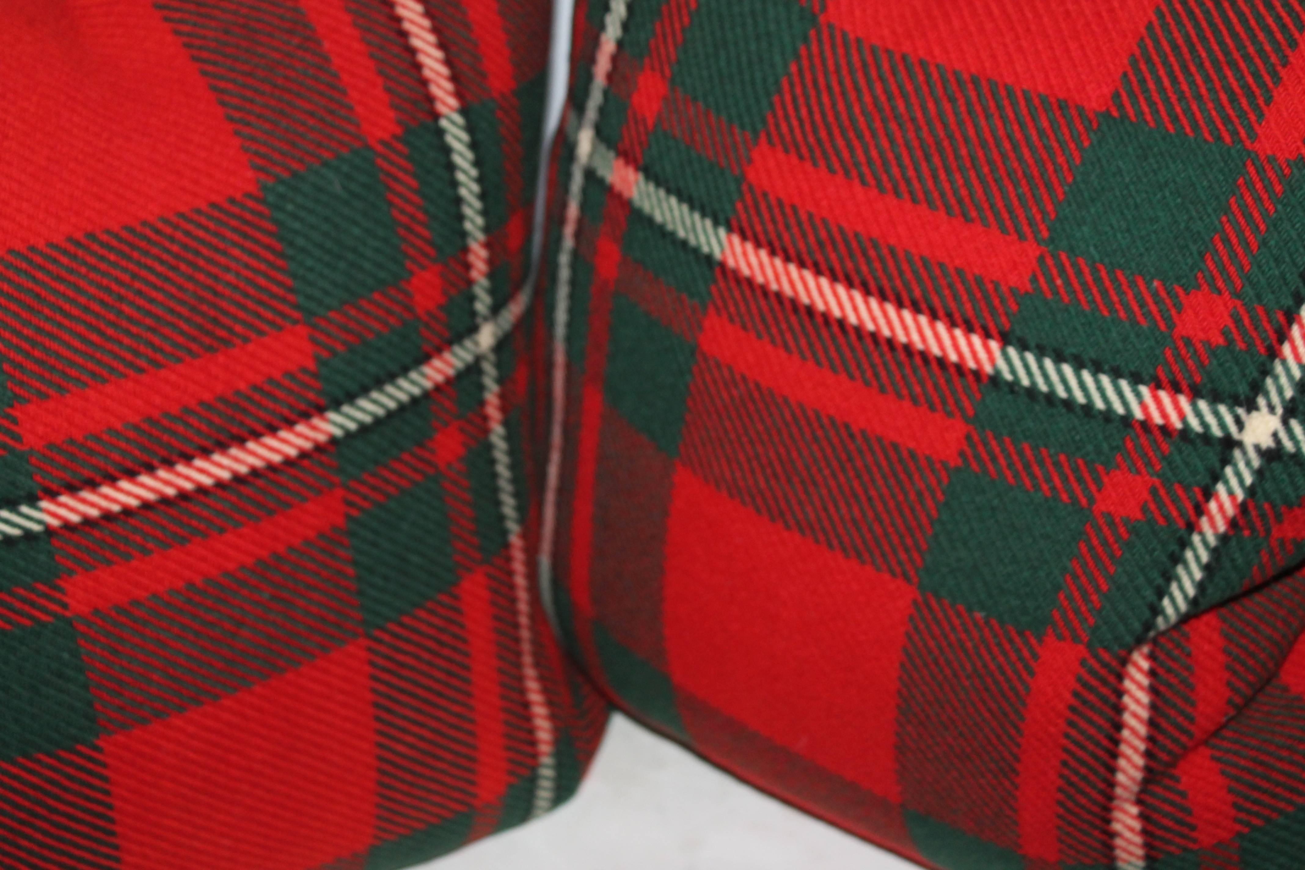 These amazing plaid red and green wool blanket pillows were made from a vintage Pendleton blanket. The condition are very good. Great holiday gift or for your mountain retreat. Two pairs available. Sold in pairs. Nice soft red wool backing.