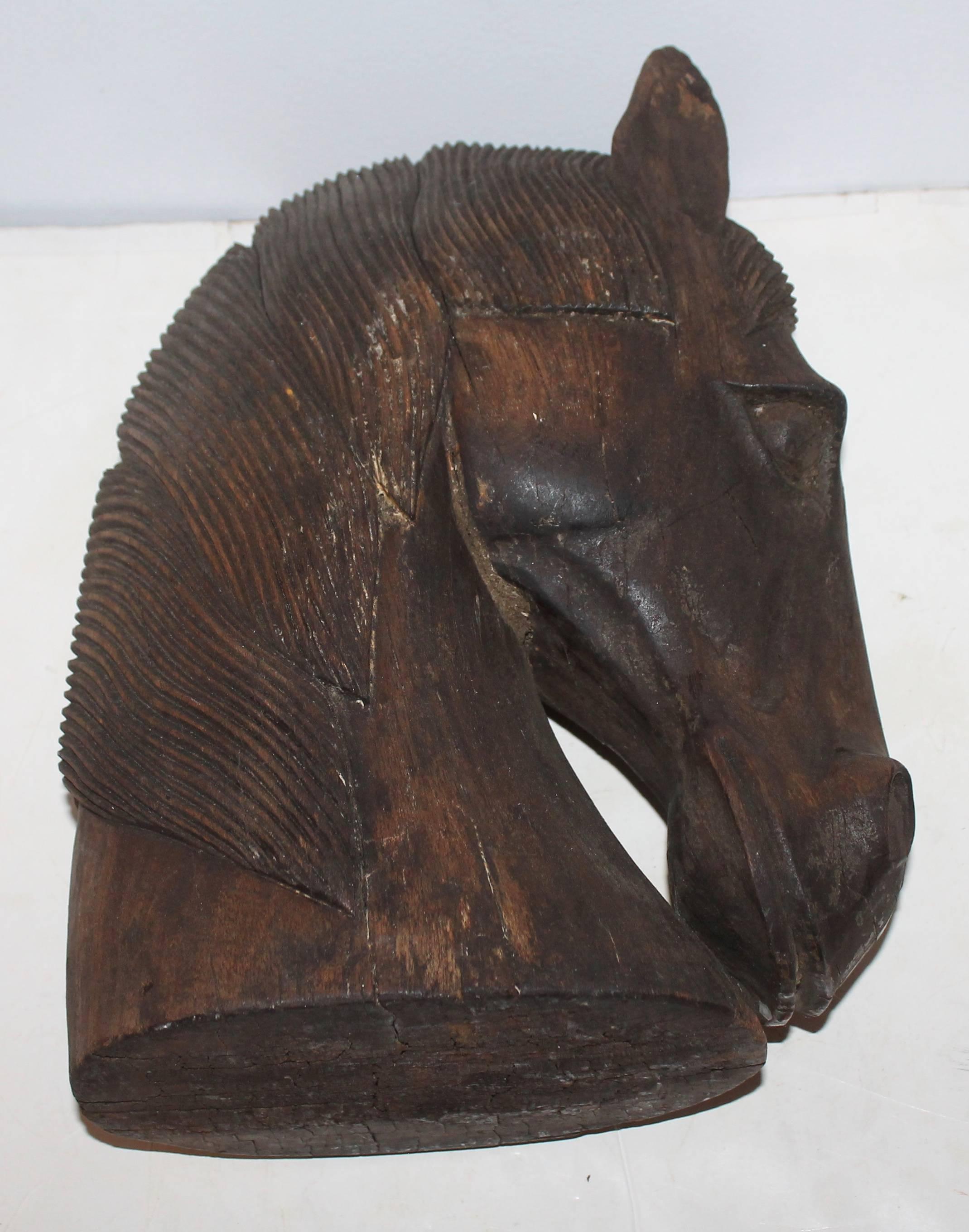 American Hand-Carved Wood Horse Head