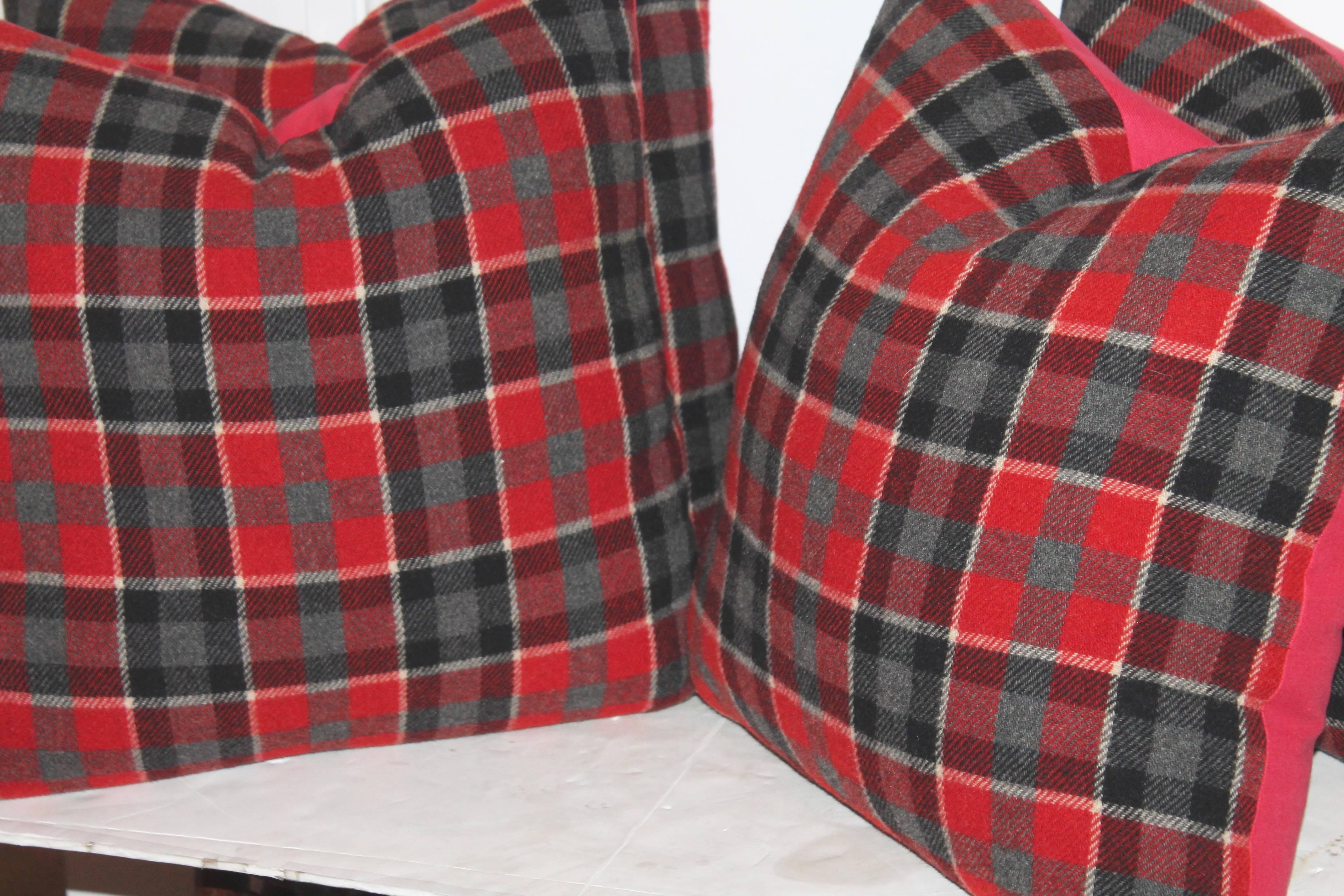 These fantastic soft wool saddle blanket pillows are sold in pairs. The backing is in a soft red cotton linen. Down and feather fill. Two pairs in stock.