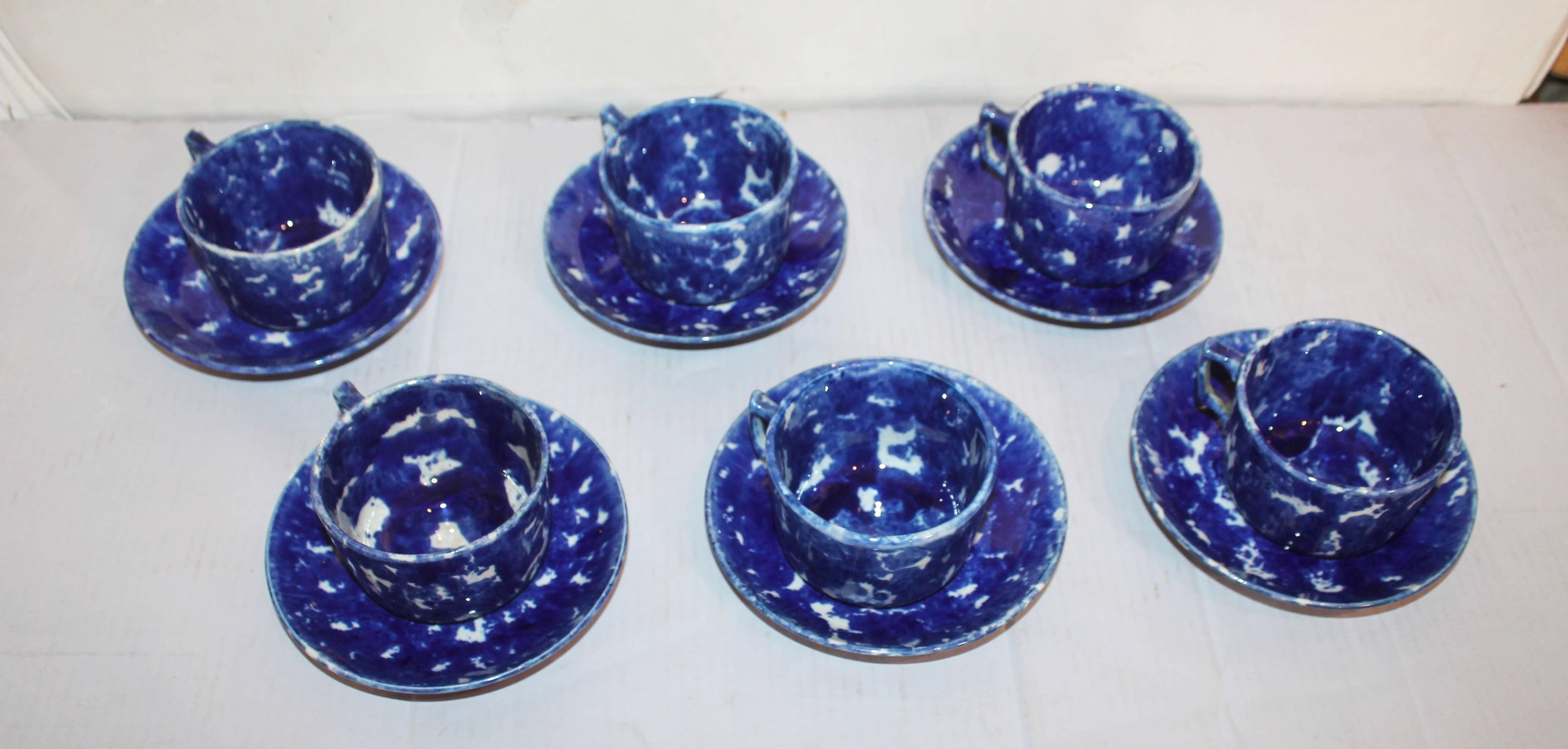 This collection of six matching 19th century spongeware pottery cups and saucers are in pristine condition. Everything is in pristine condition. Total of 12 pieces in the collection.