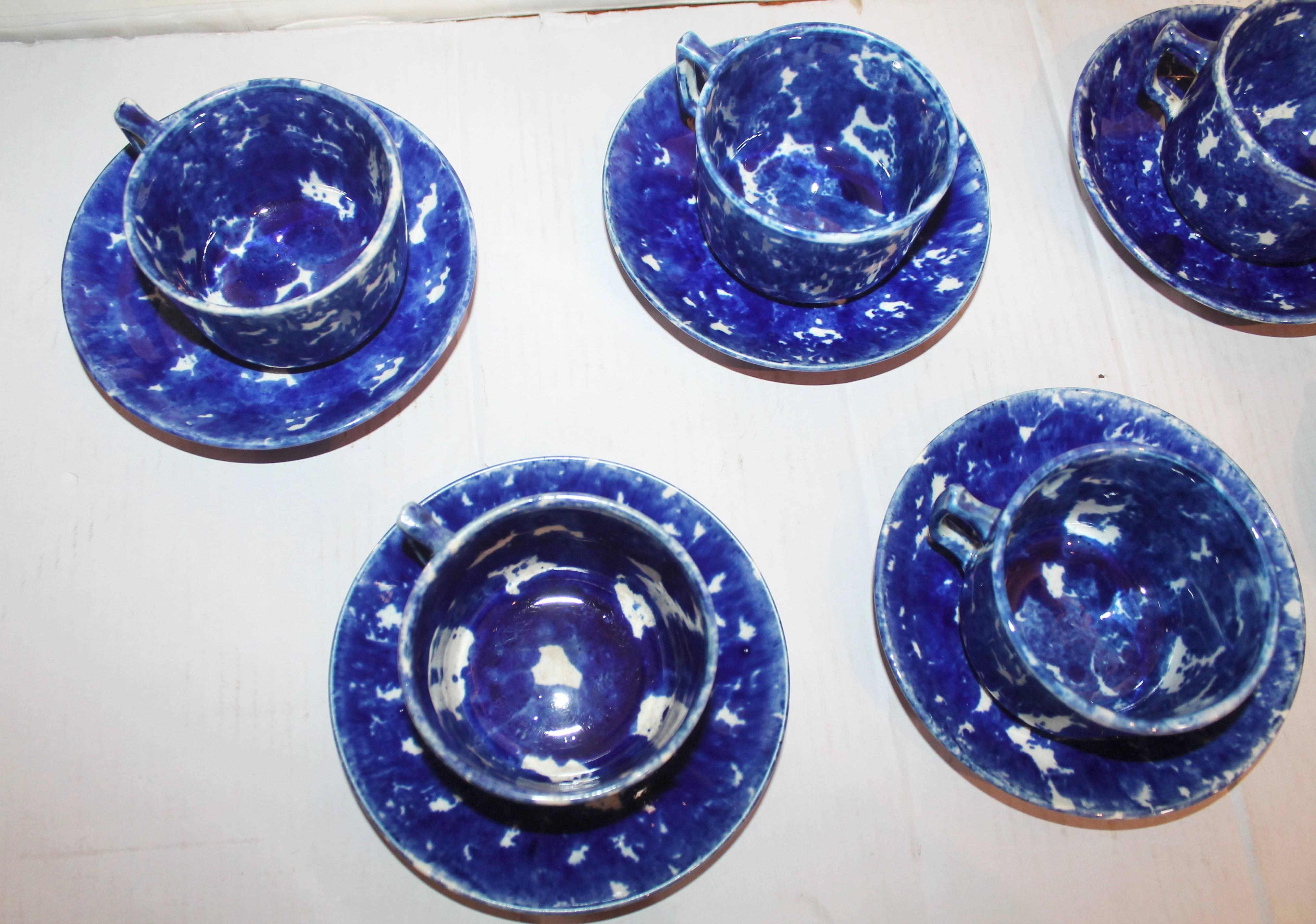 Country Set of Six Rare American Spongeware Pottery Cups and Saucers For Sale