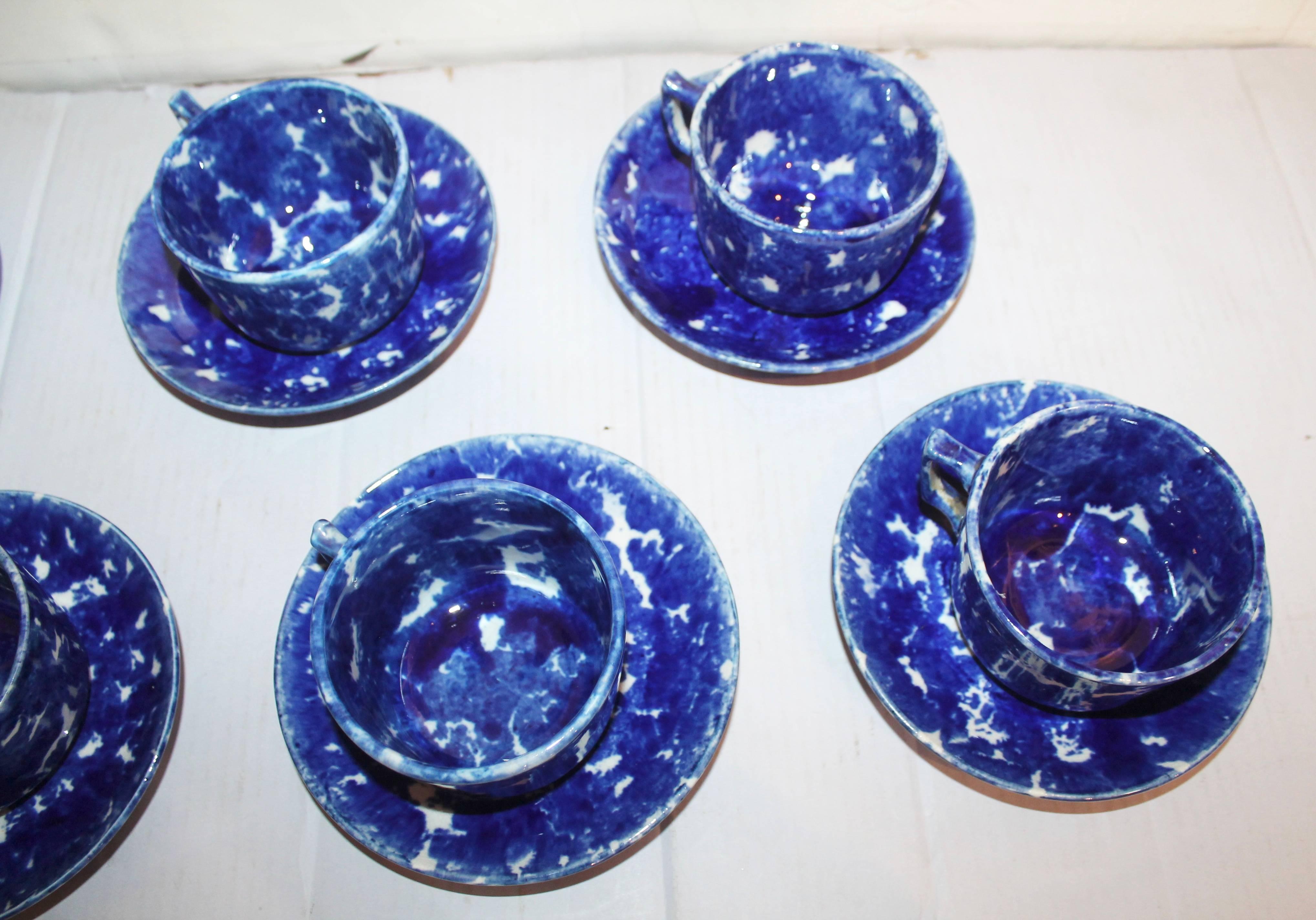 Glazed Set of Six Rare American Spongeware Pottery Cups and Saucers For Sale