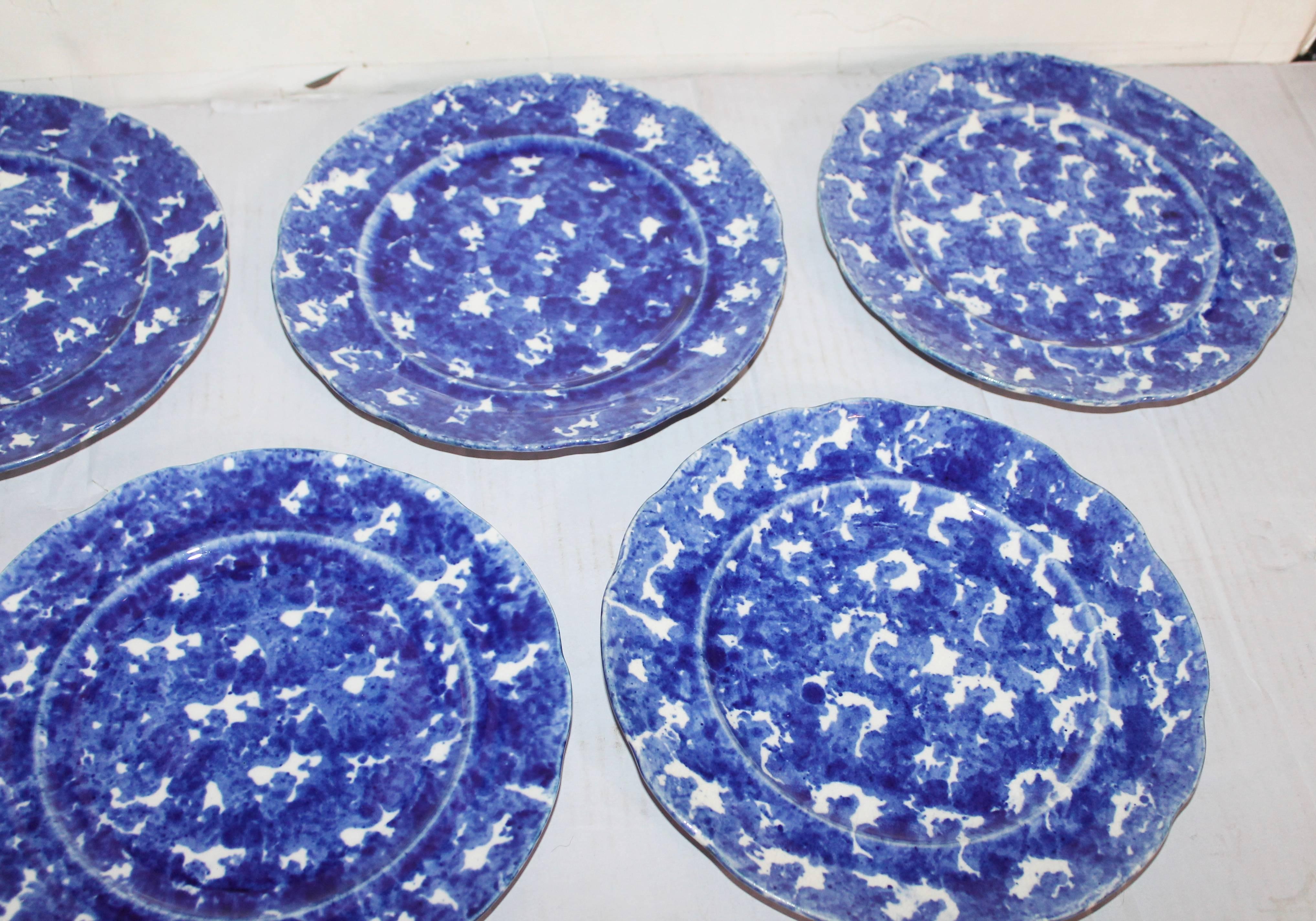 Country Set of Six Matching 19th Century Sponge Ware Dinner Plates