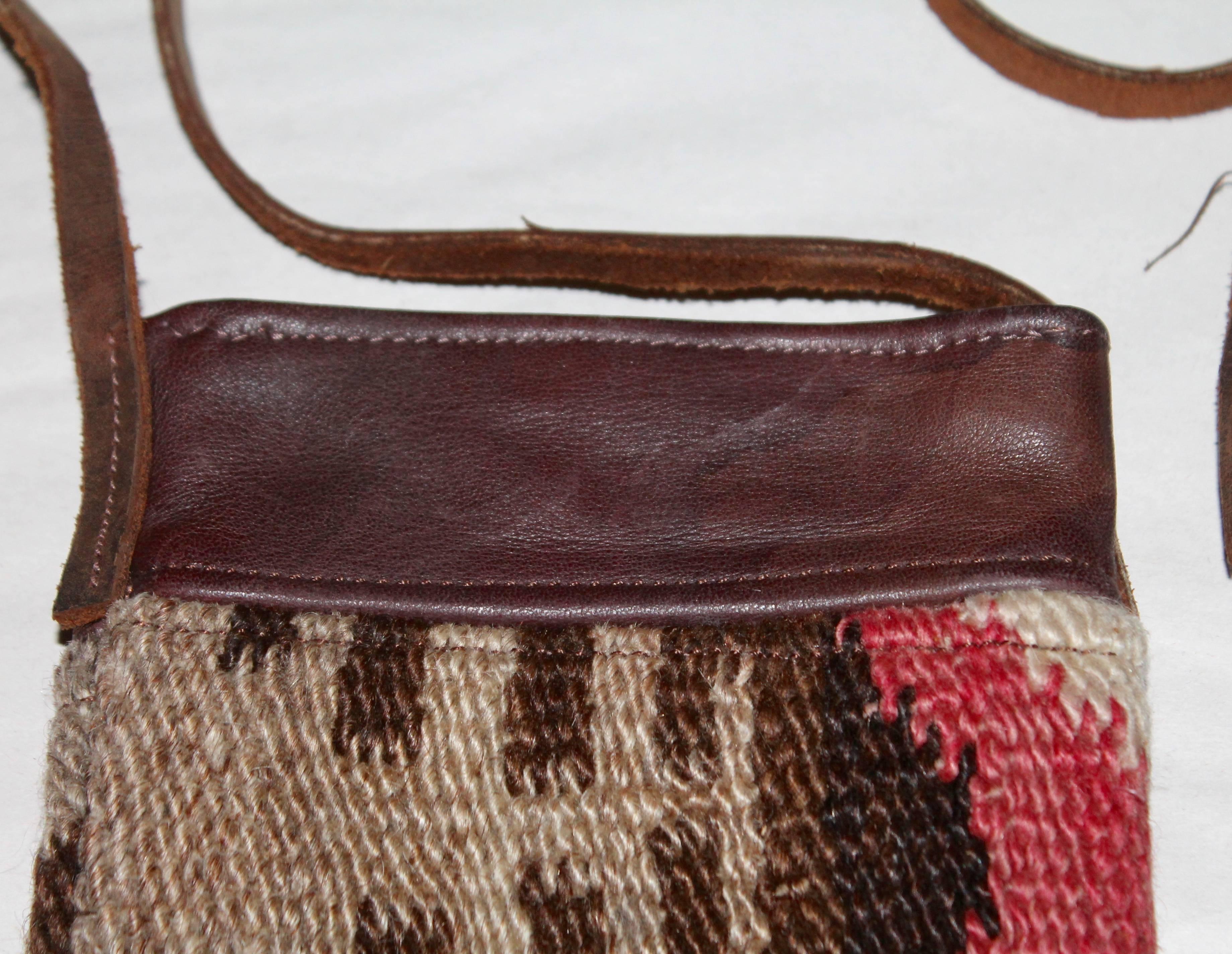 Hand-Woven Pair of Navajo Weaving and Leather Trim Saddle Bags