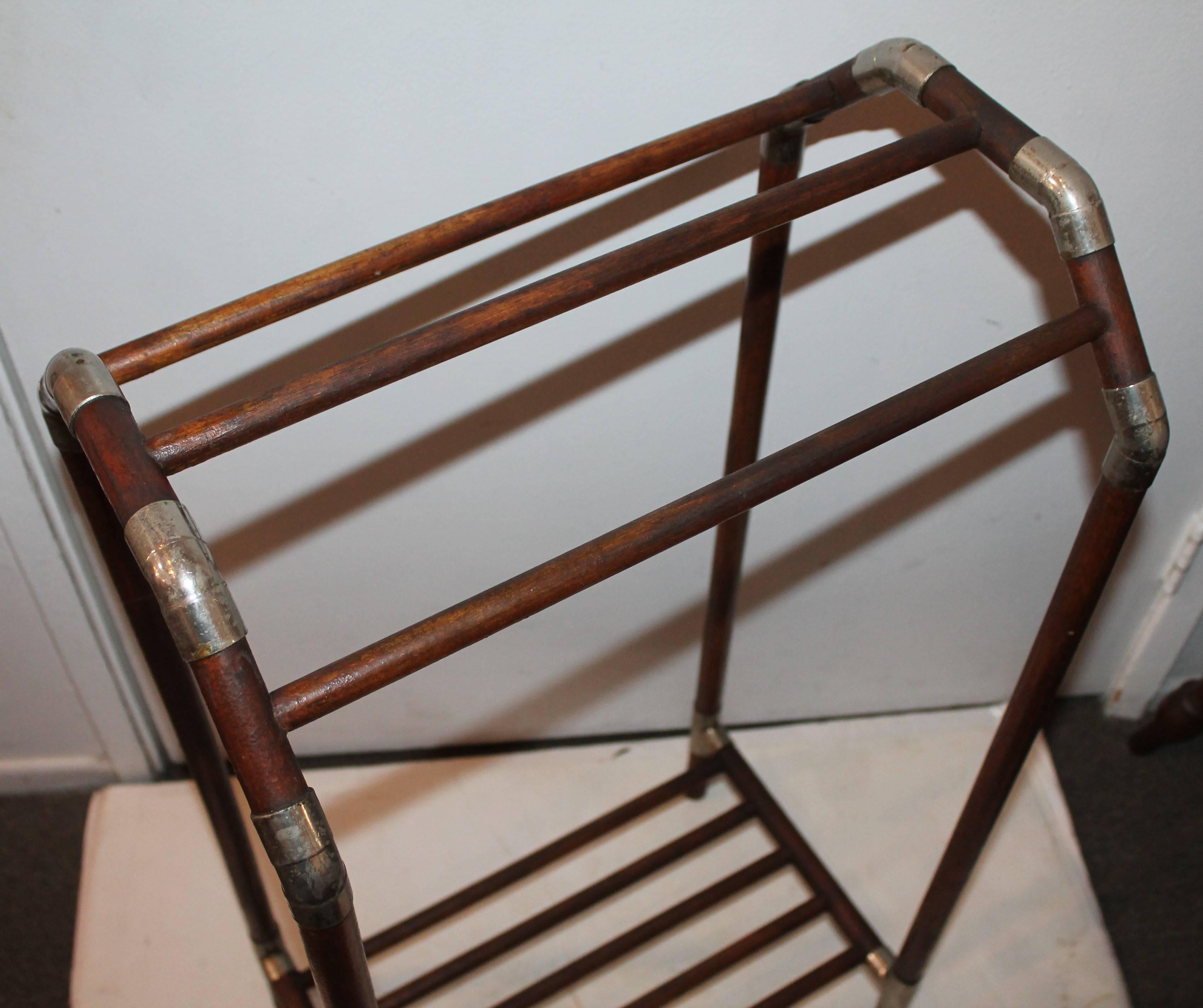 This fine bentwood luggage rack has nickel plated brass joints and is in great sturdy condition. This was from a train station. Great for hanging heavy textiles like Navajo weaving's.