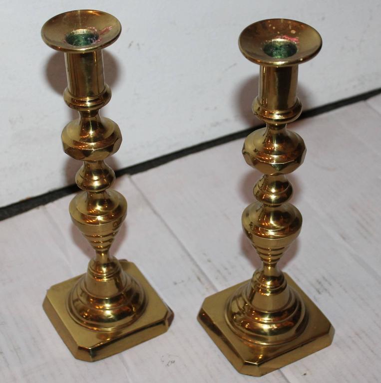 American Classical Pairs of 19th Century Brass Candleholders For Sale