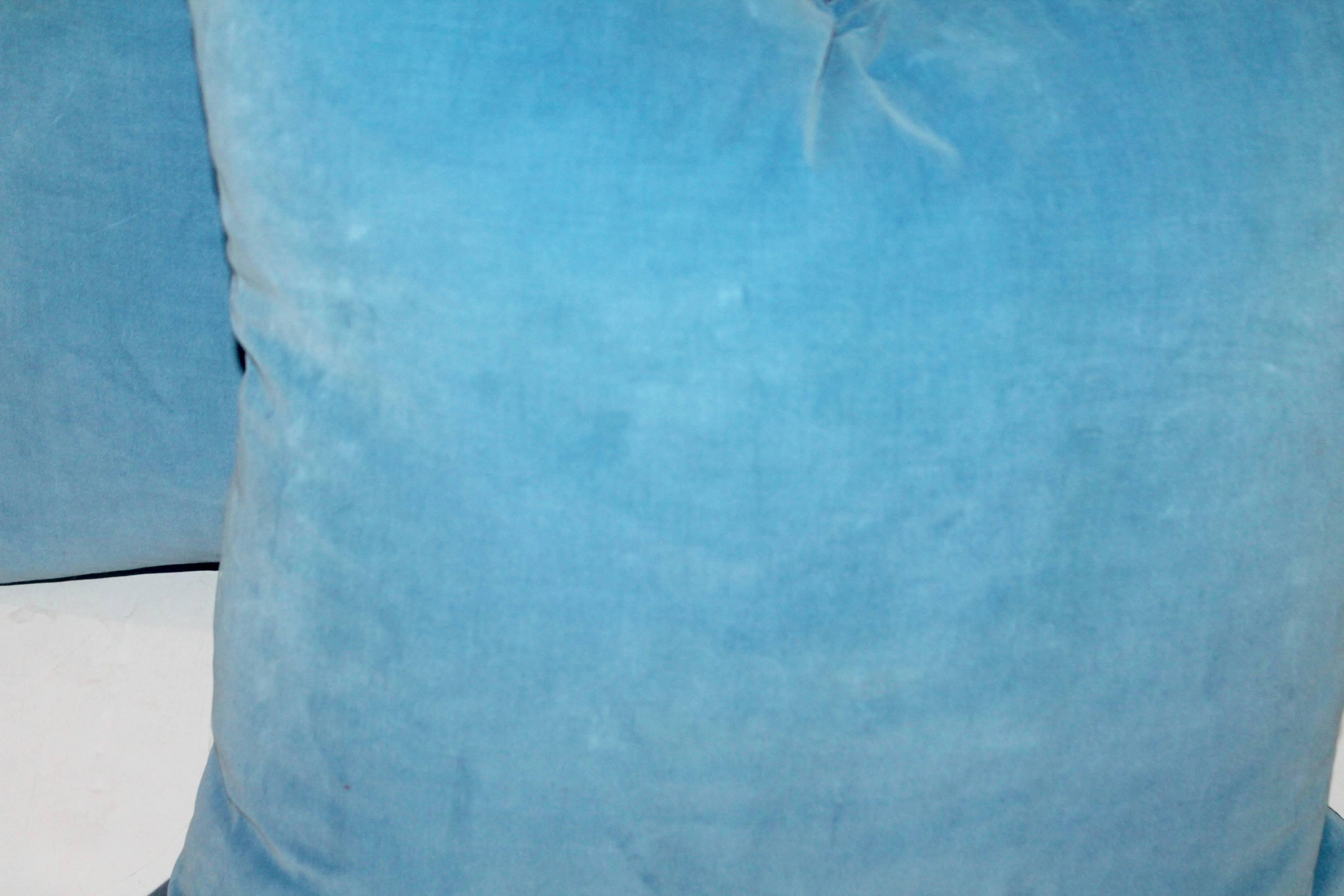 Robin egg blue velvet pillows with vintage blue linen backing. Down and feather insert and zipper closure on bottom.