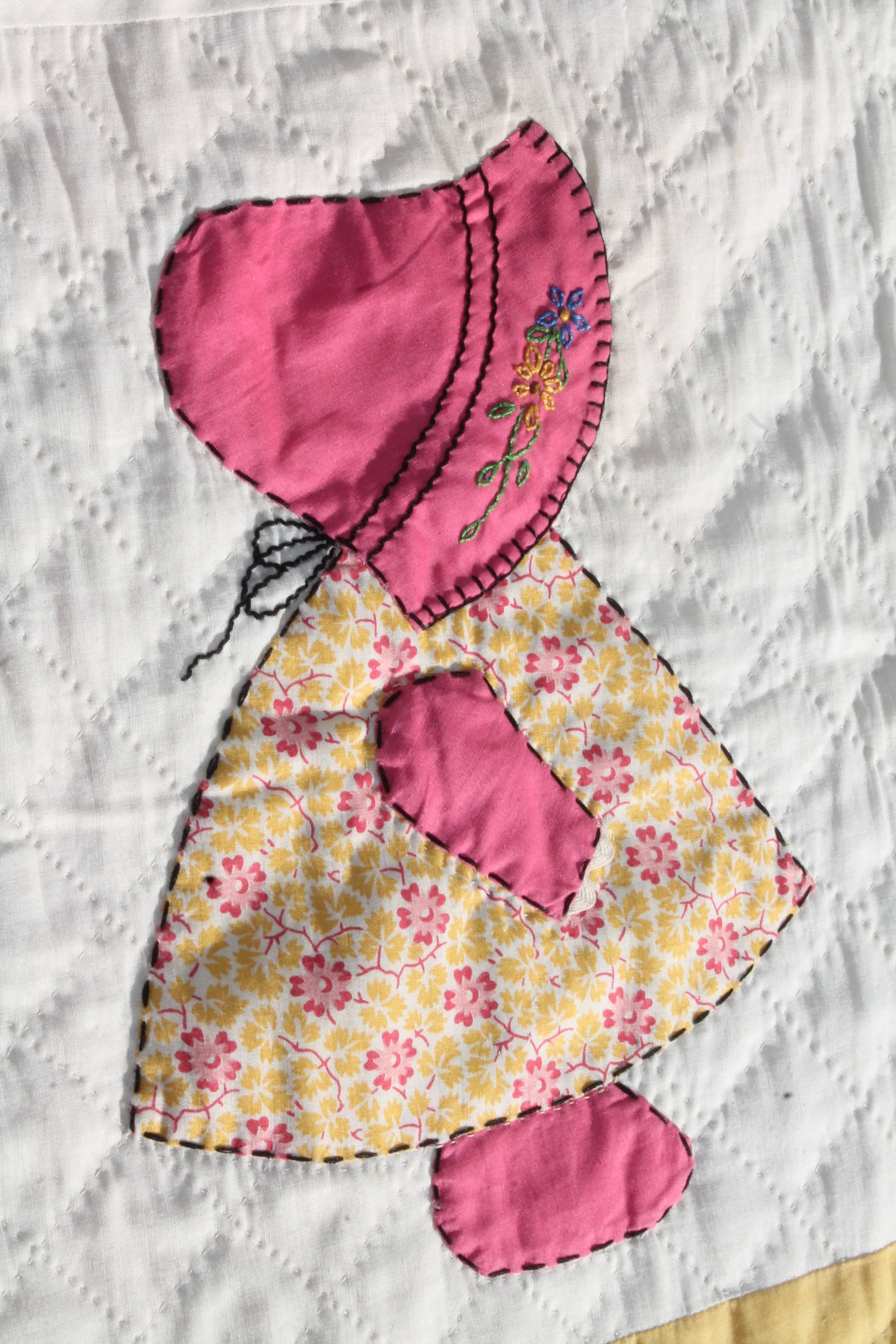 Hand-Crafted Folky Sun Bonnet Sue Applique Quilt For Sale